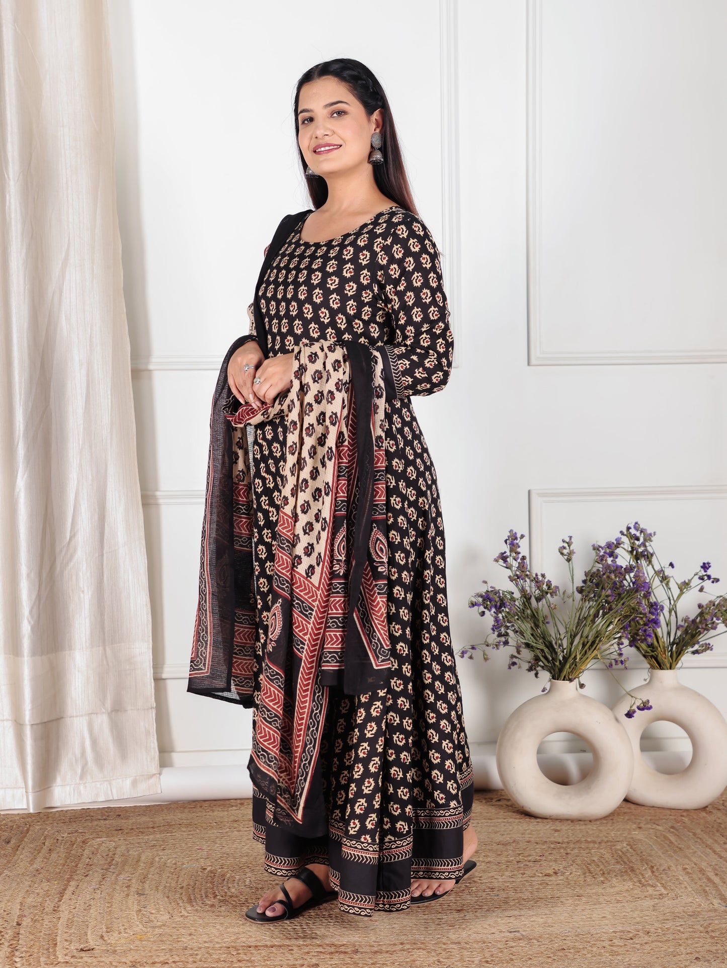 Soft Cotton Butti Anarkali Black Kurta