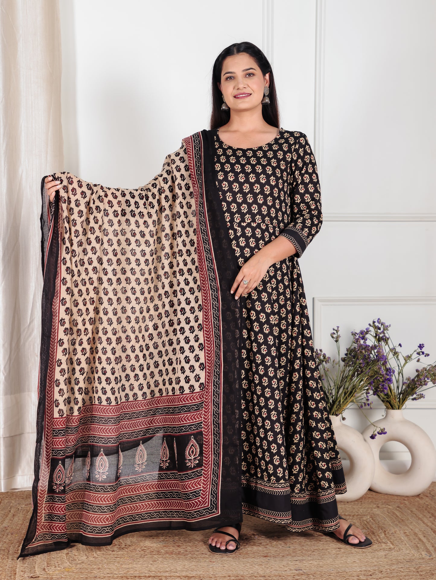 Soft Cotton Butti Anarkali Black Kurta