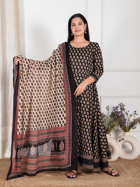 Soft Cotton Butti Anarkali Black Kurta