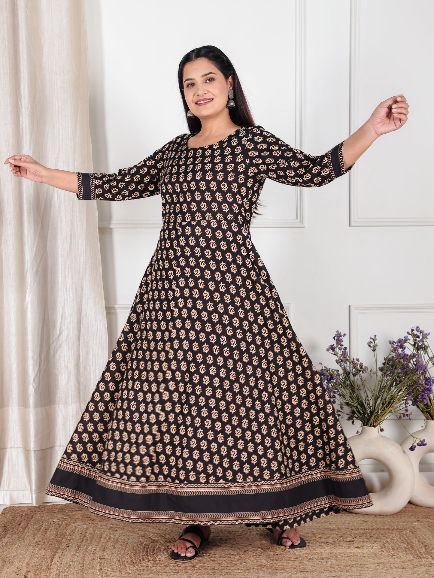 Soft Cotton Butti Anarkali Black Kurta