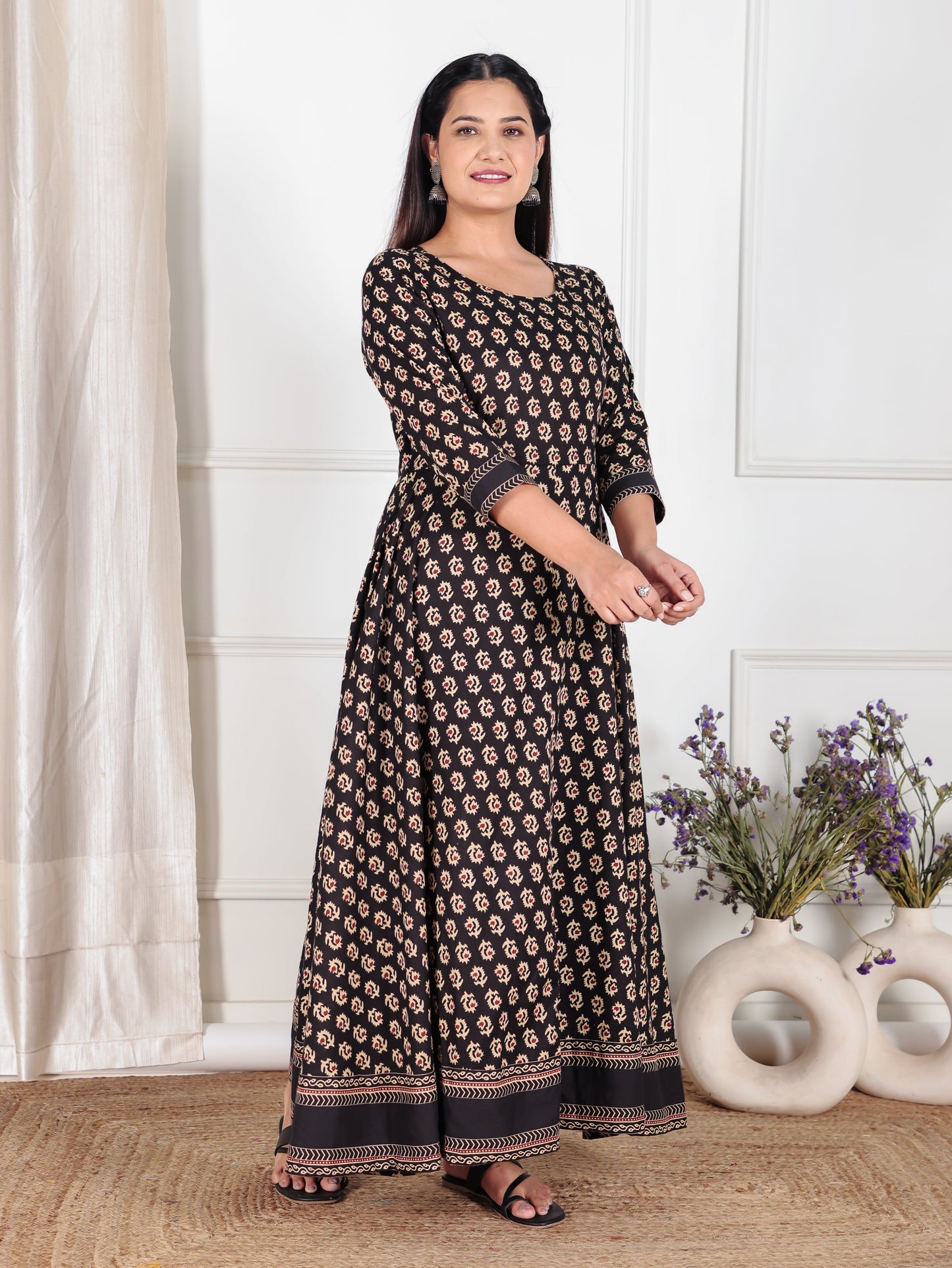 Soft Cotton Butti Anarkali Black Kurta