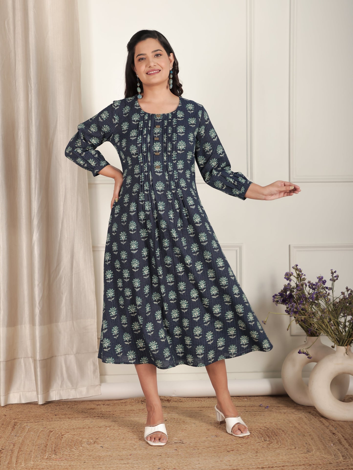 Kantha Cotton Floral A-line Blue Dress