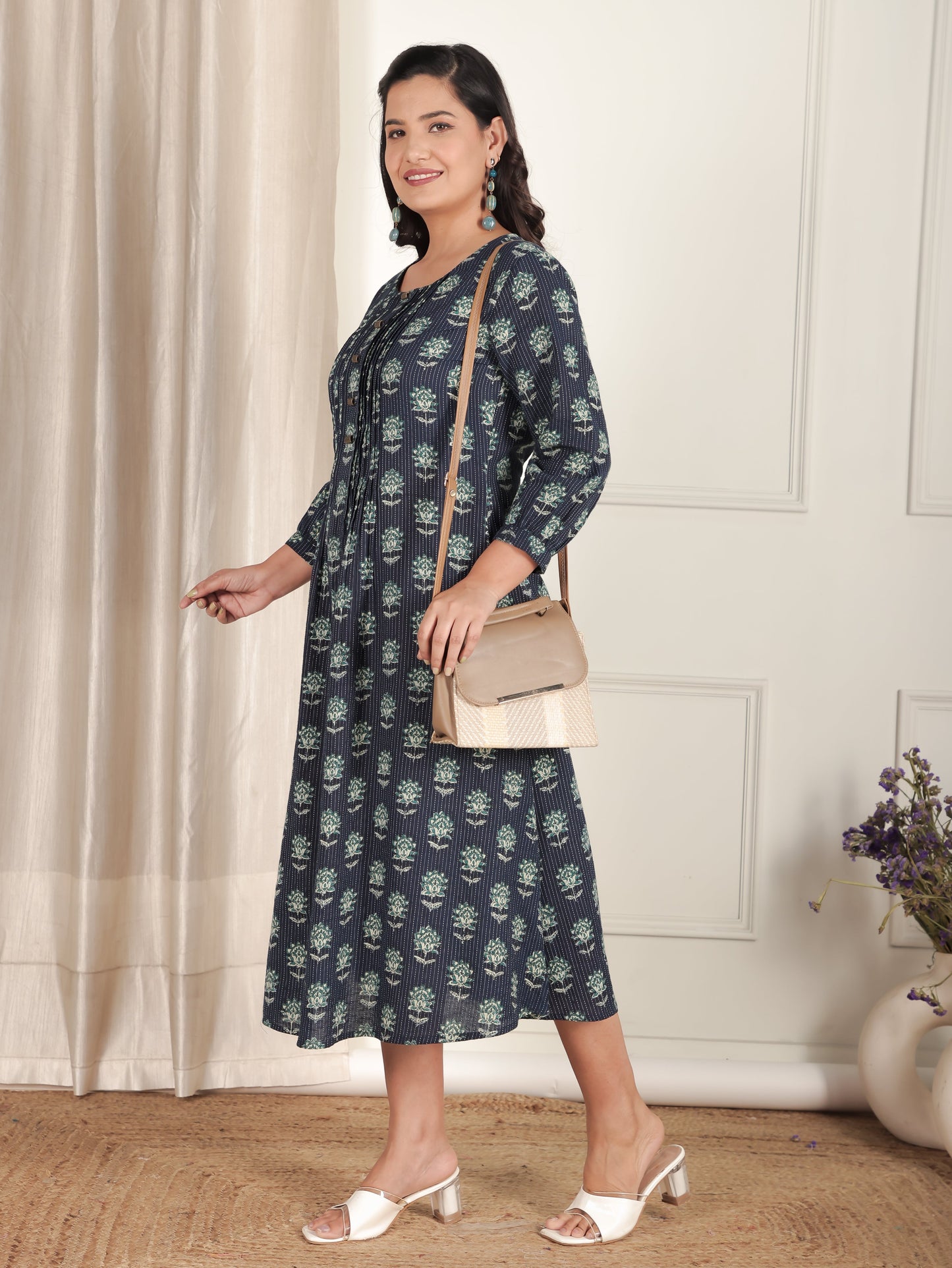 Kantha Cotton Floral A-line Blue Dress