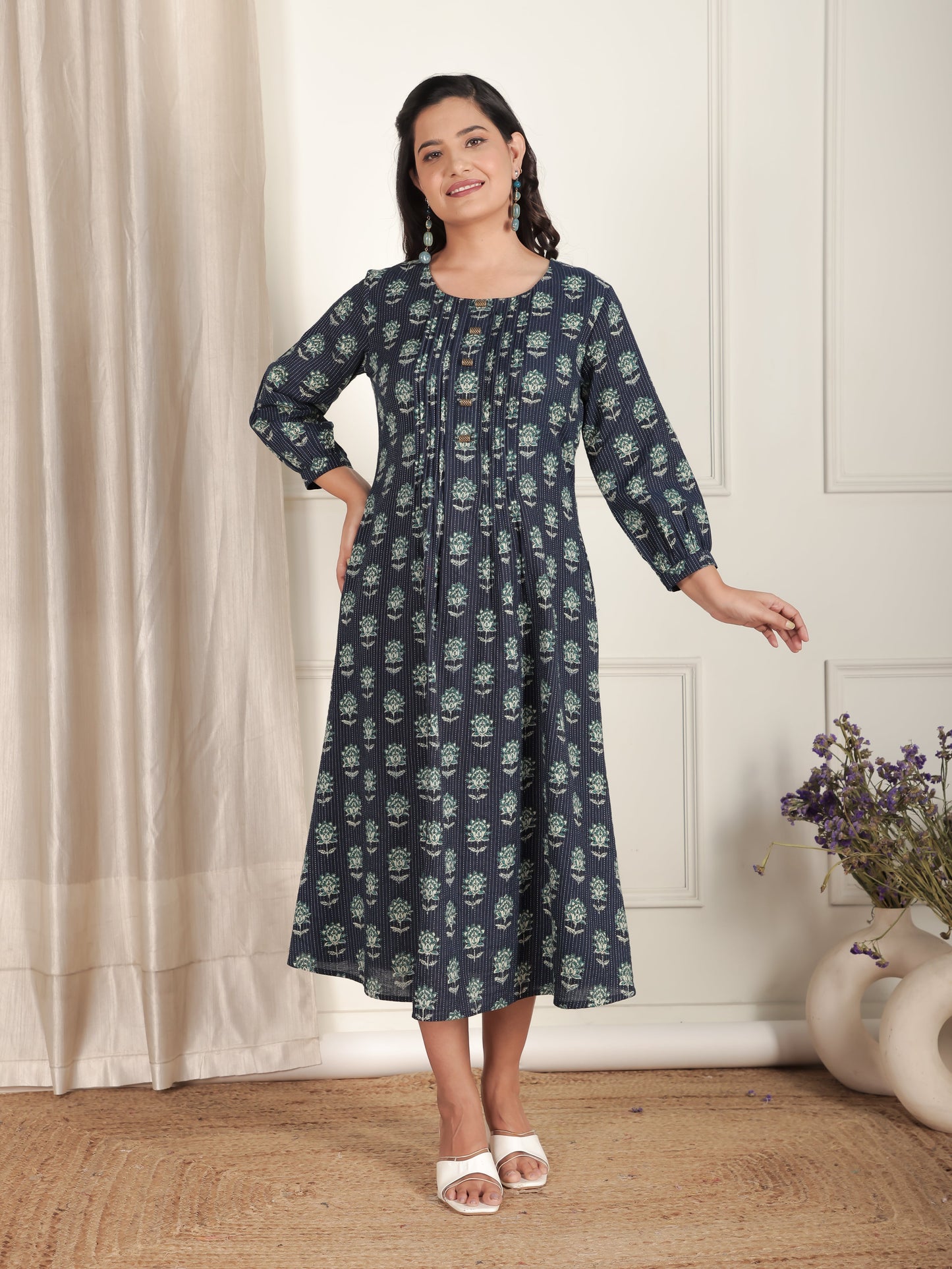 Kantha Cotton Floral A-line Blue Dress