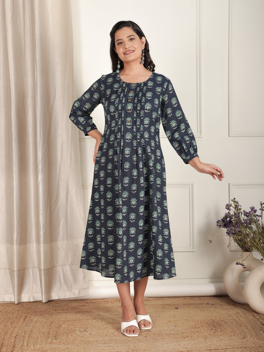 Kantha Cotton Floral A-line Blue Dress