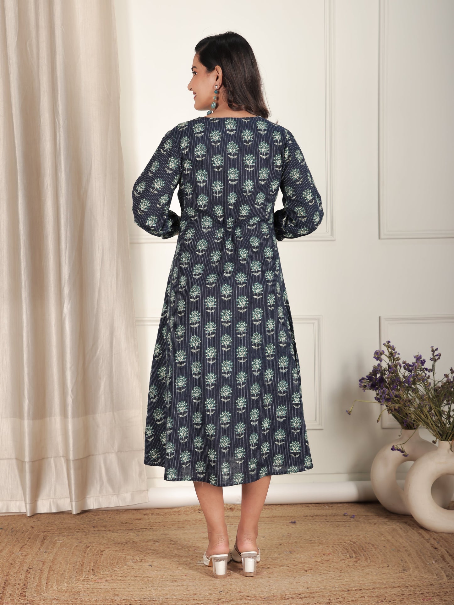 Kantha Cotton Floral A-line Blue Dress