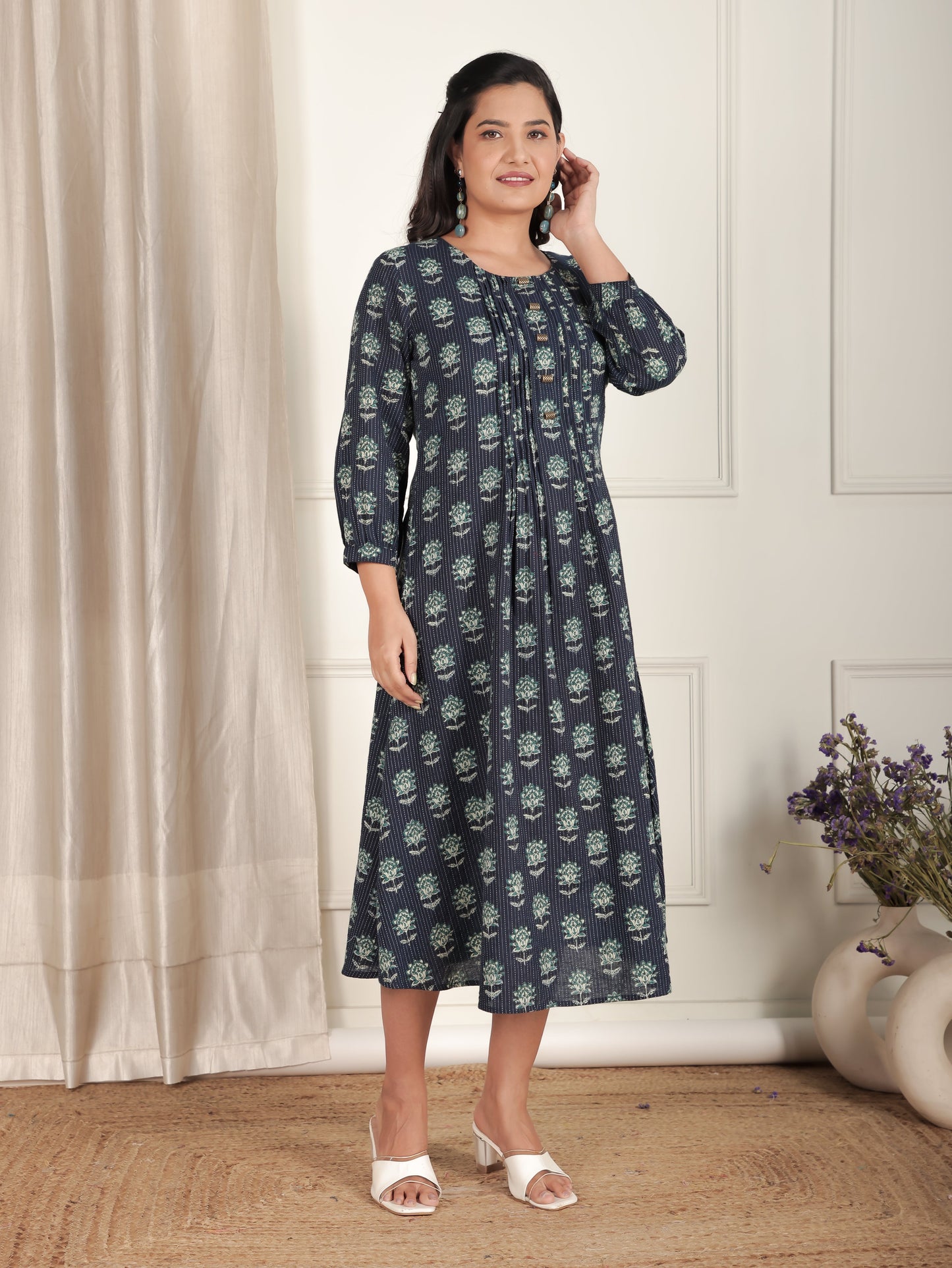 Kantha Cotton Floral A-line Blue Dress
