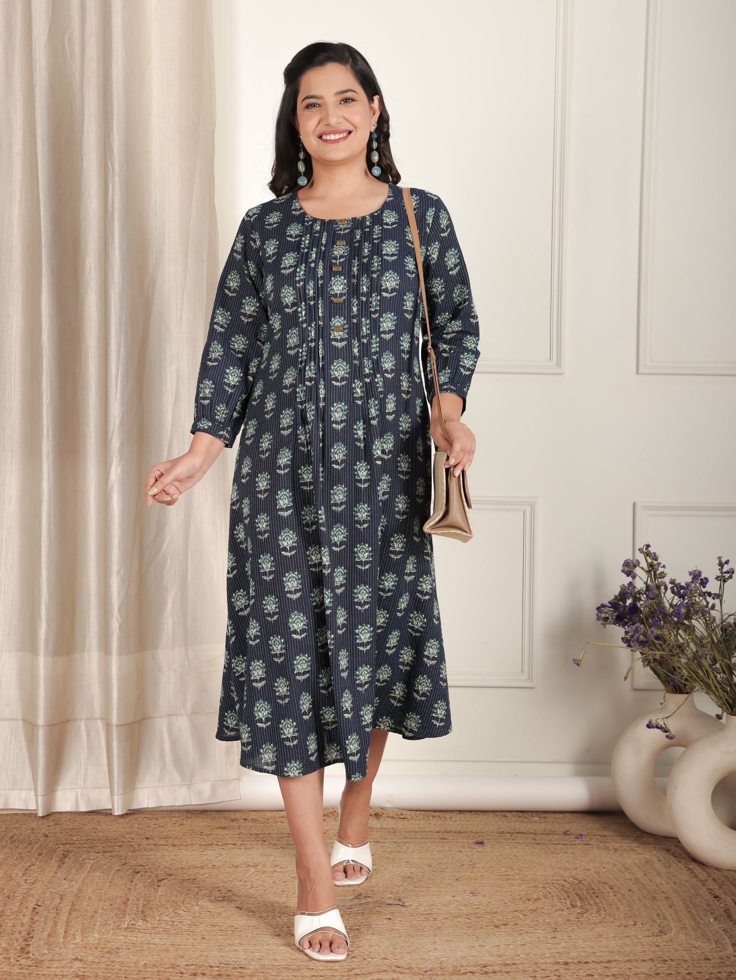 Kantha Cotton Floral A-line Blue Dress