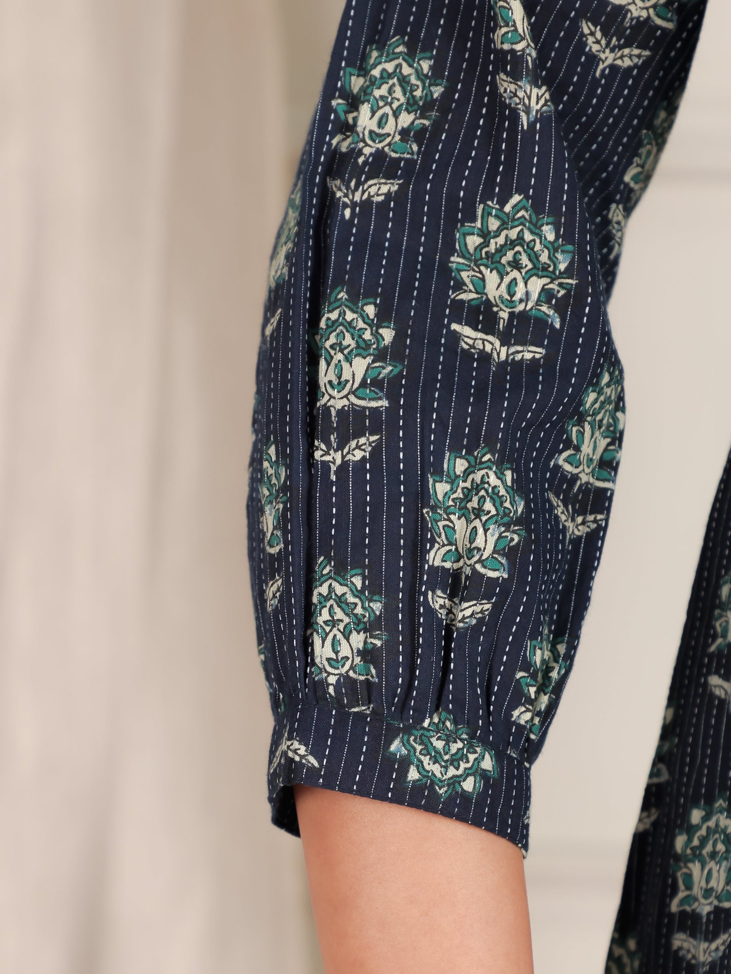 Kantha Cotton Floral A-line Blue Dress