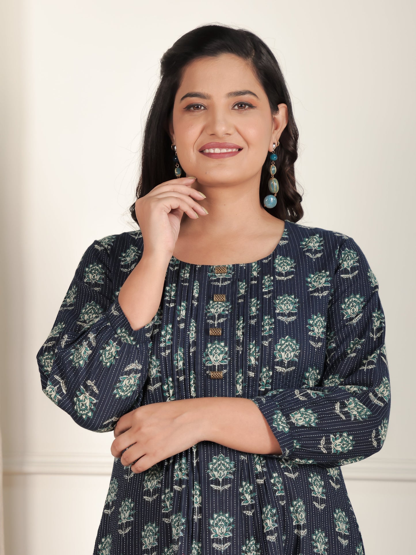 Kantha Cotton Floral A-line Blue Dress