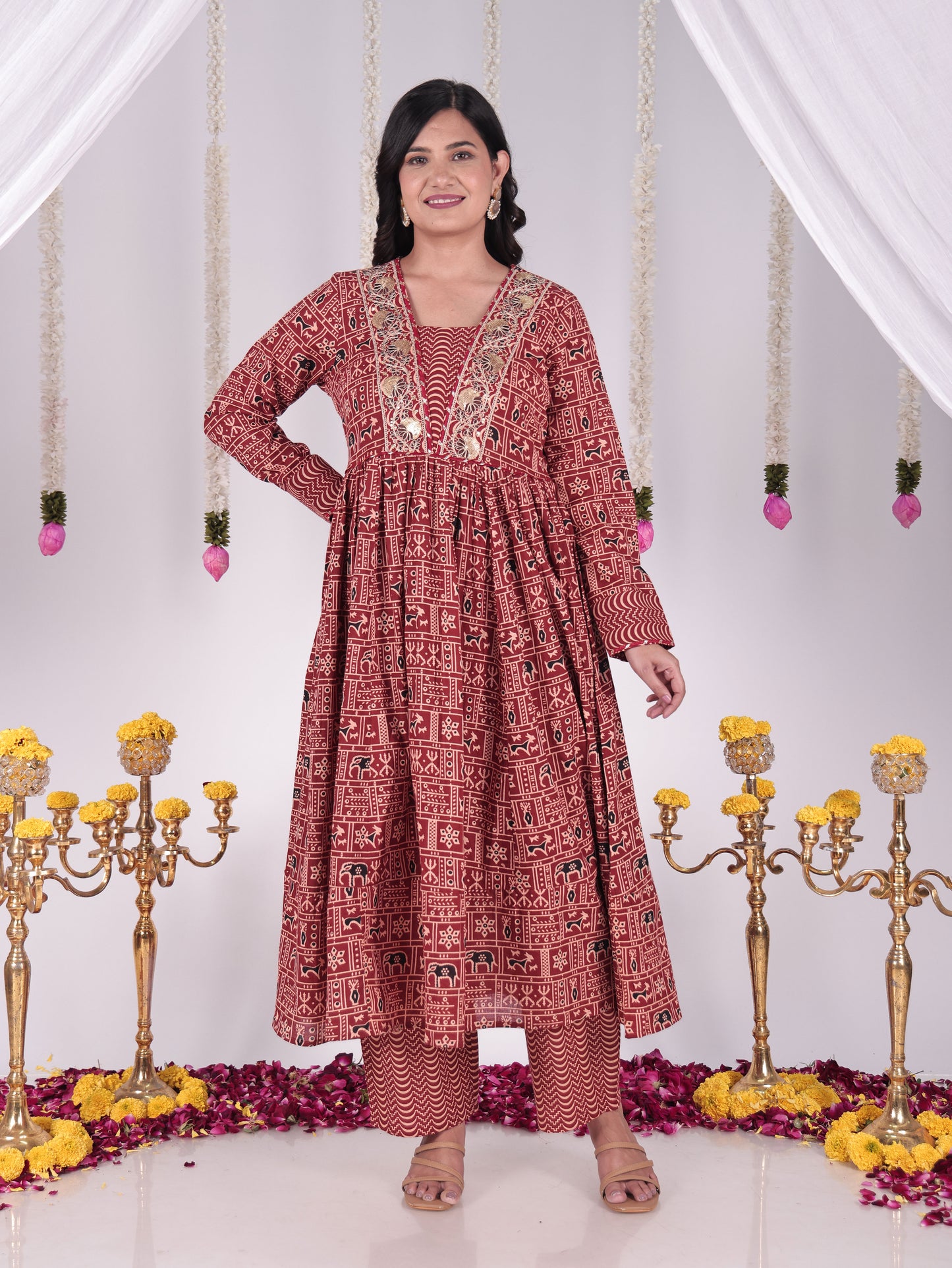 Embroidered Soft Cotton Animal Anarkali Red Kurta