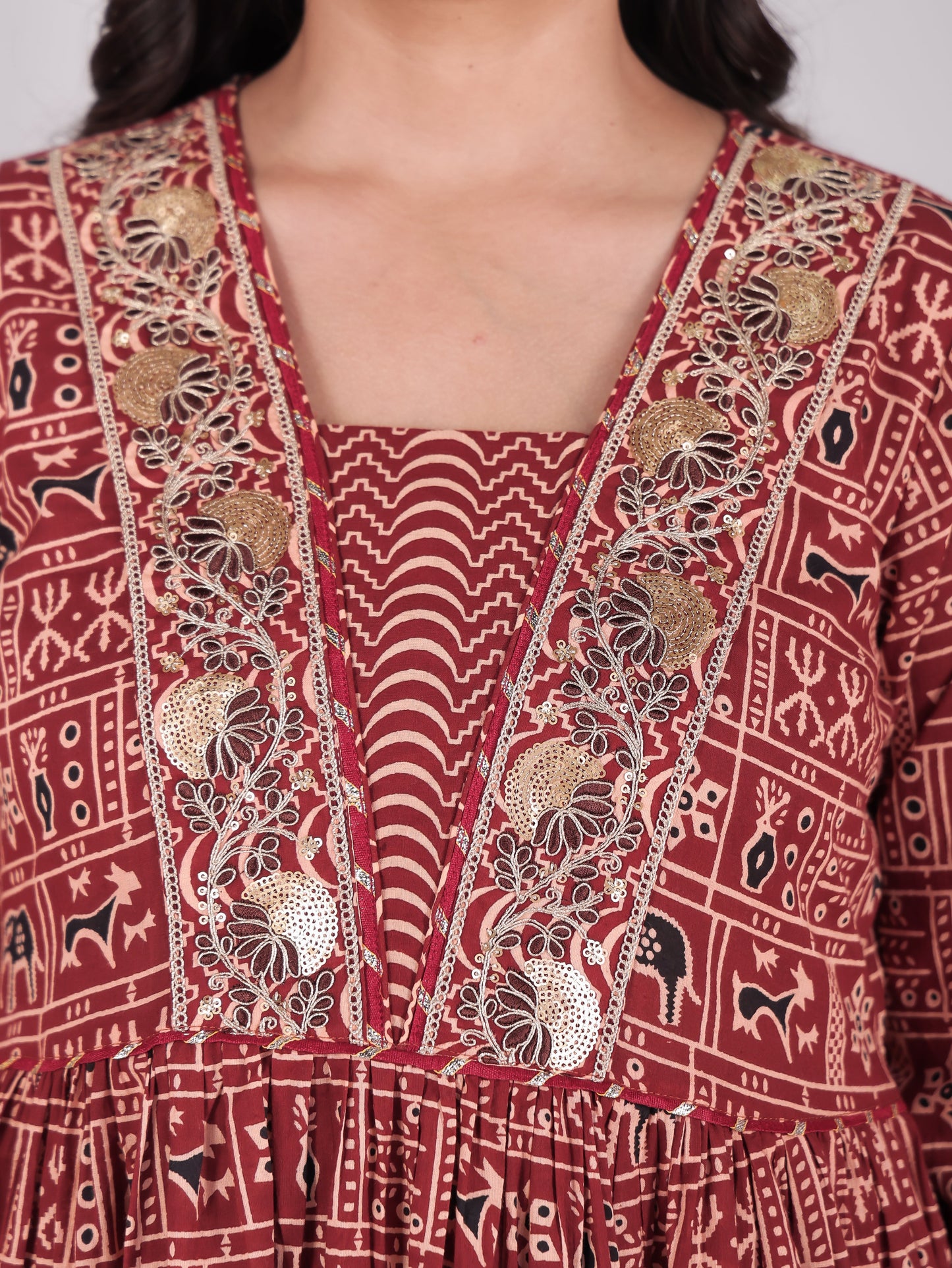 Embroidered Soft Cotton Animal Anarkali Red Kurta