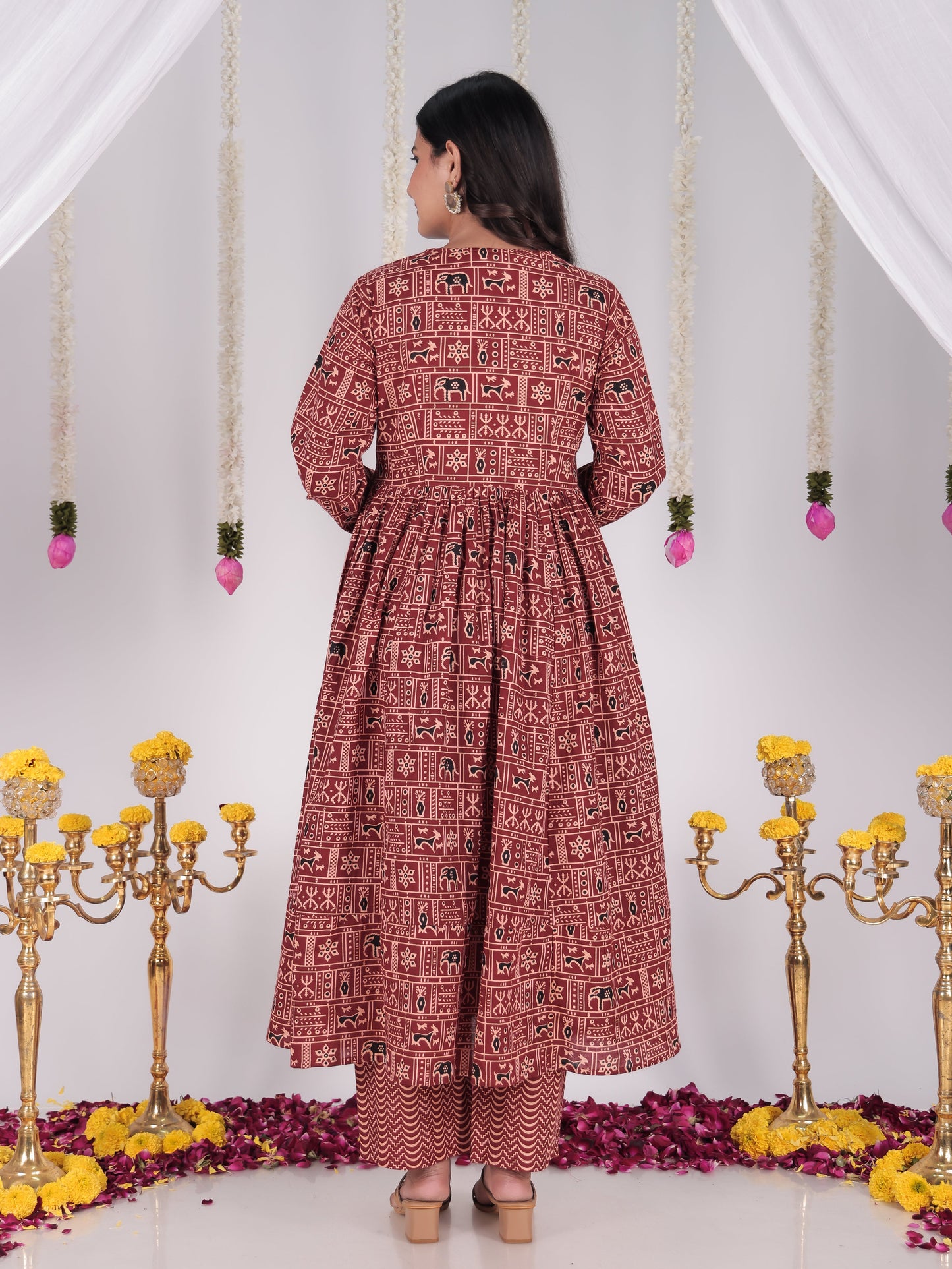 Embroidered Soft Cotton Animal Anarkali Red Kurta