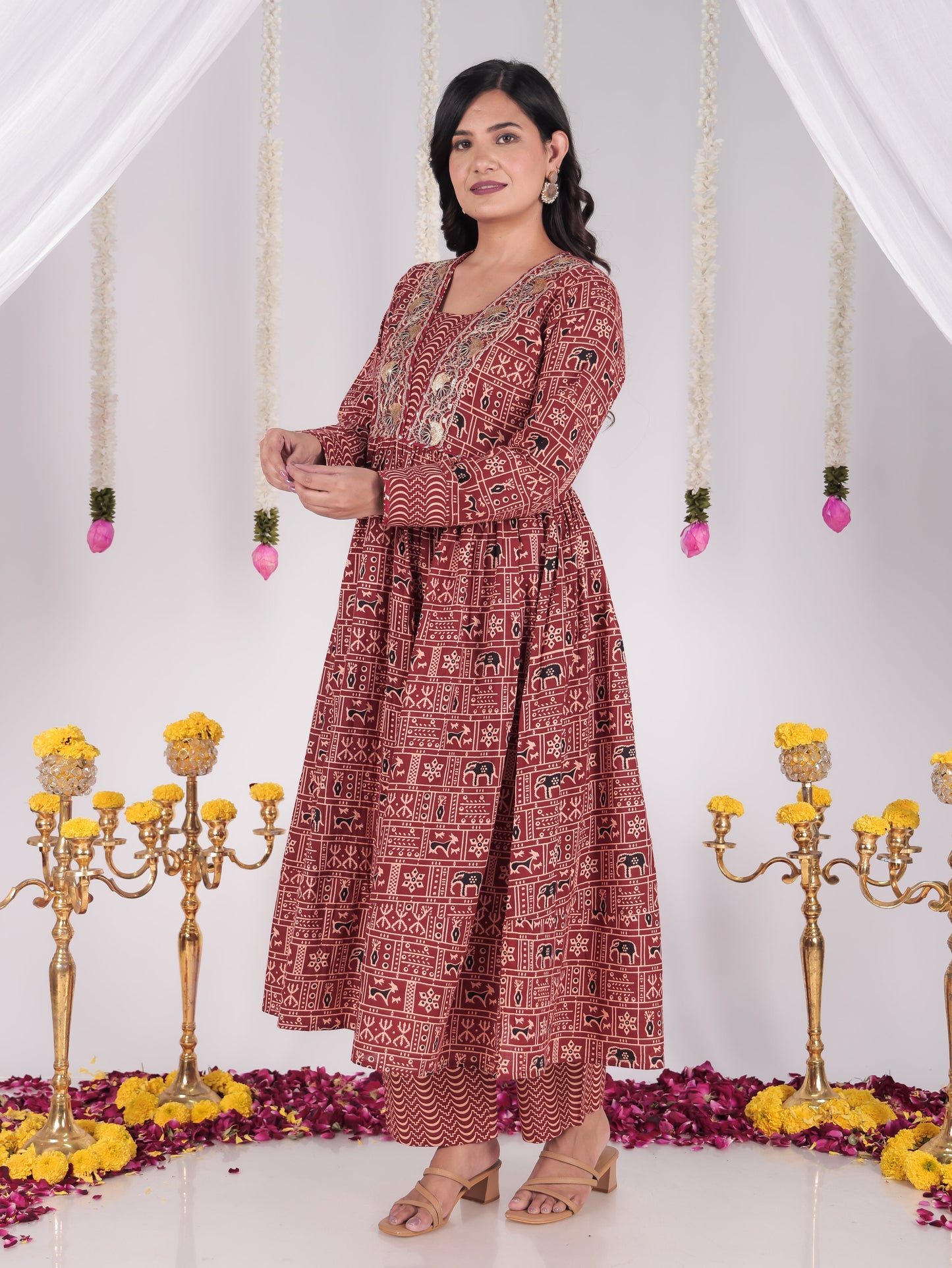 Embroidered Soft Cotton Animal Anarkali Red Kurta
