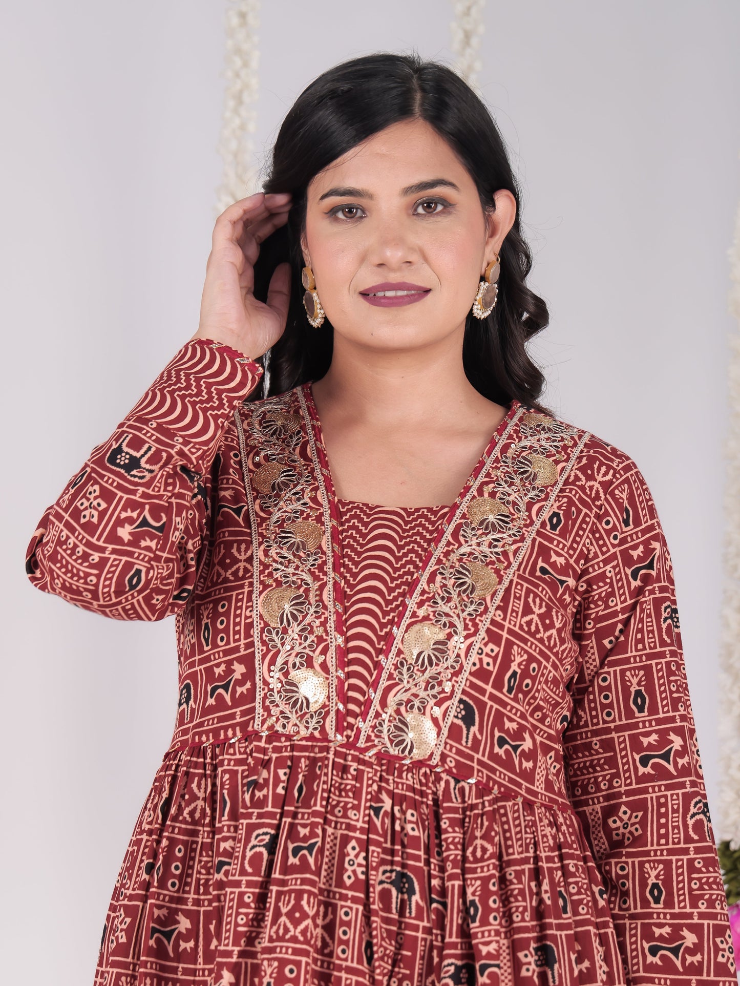 Embroidered Soft Cotton Animal Anarkali Red Kurta