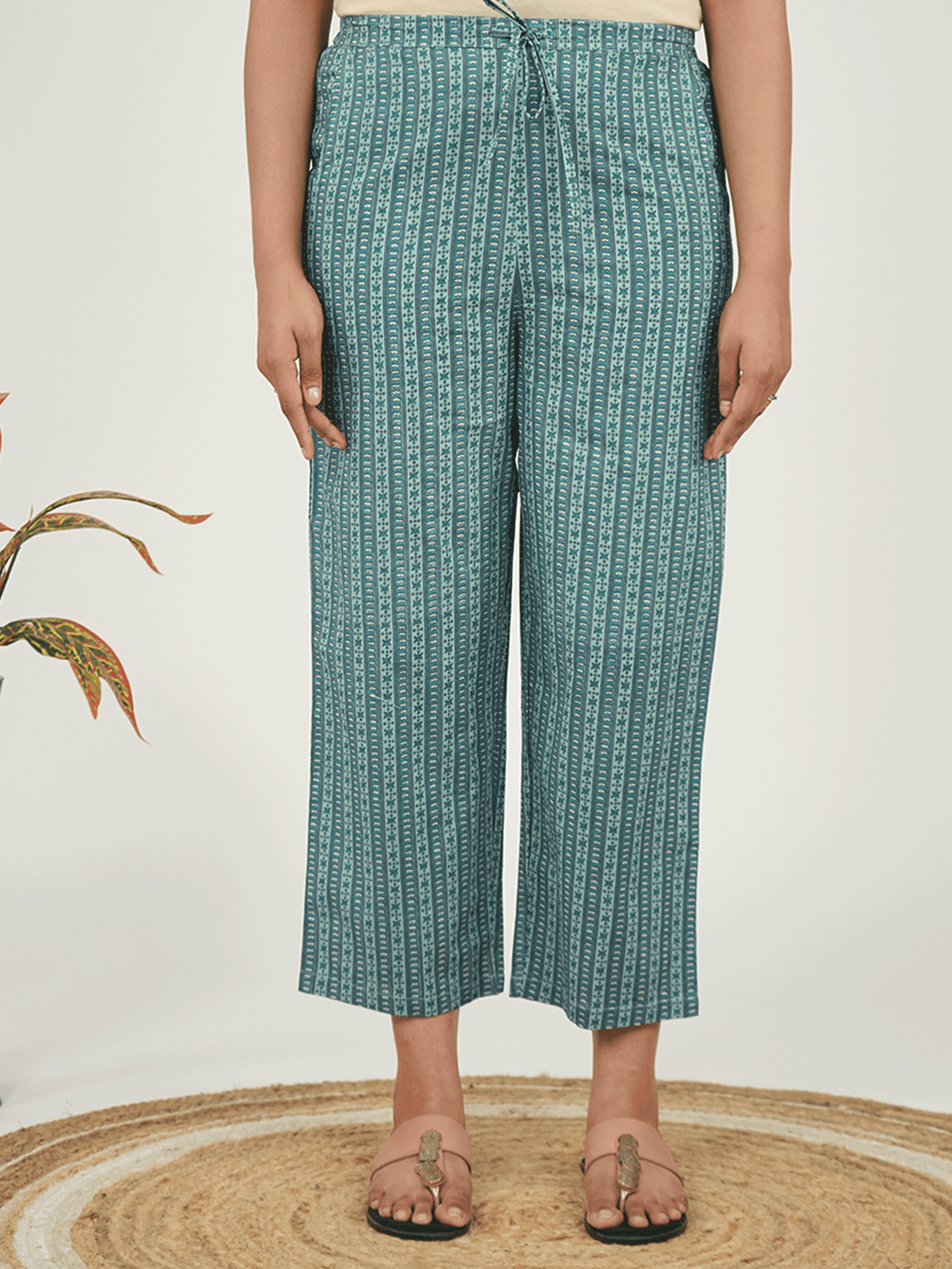 Soft Cotton Striped Green Straight Trousers