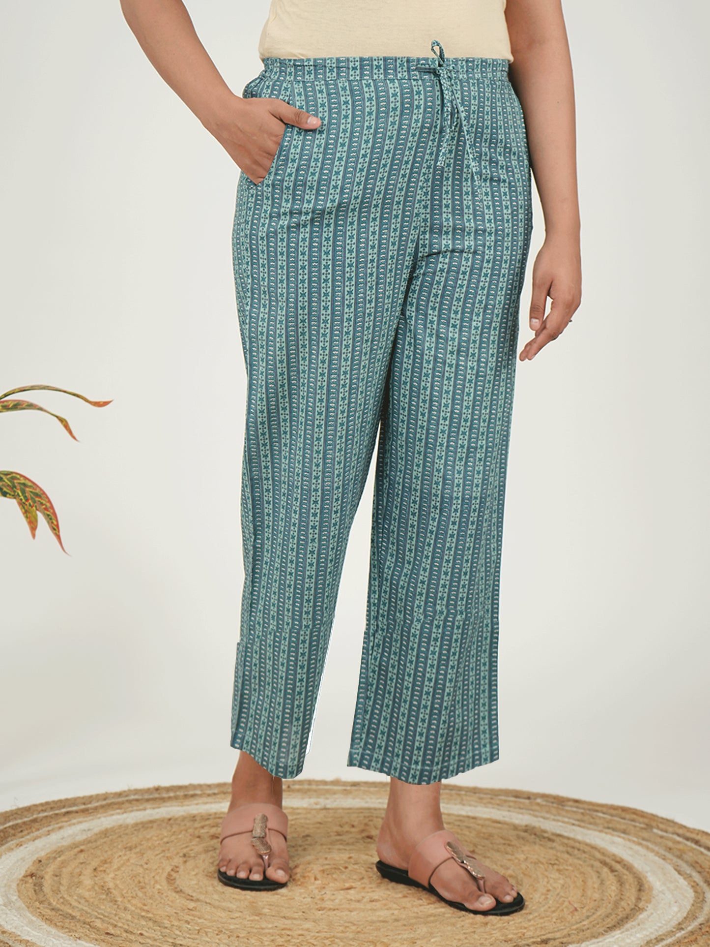 Soft Cotton Striped Green Straight Trousers