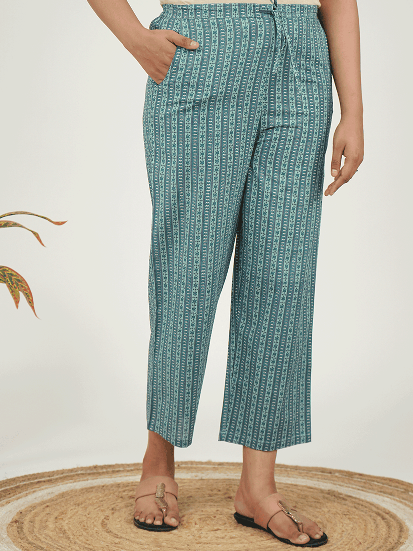 Soft Cotton Striped Green Straight Trousers