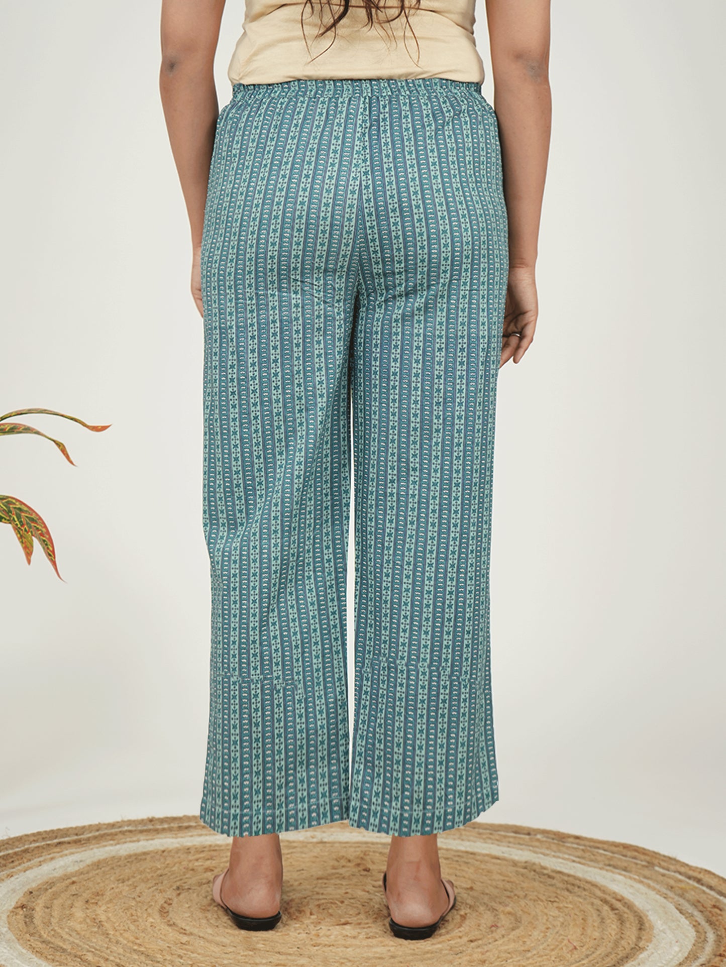 Soft Cotton Striped Green Straight Trousers