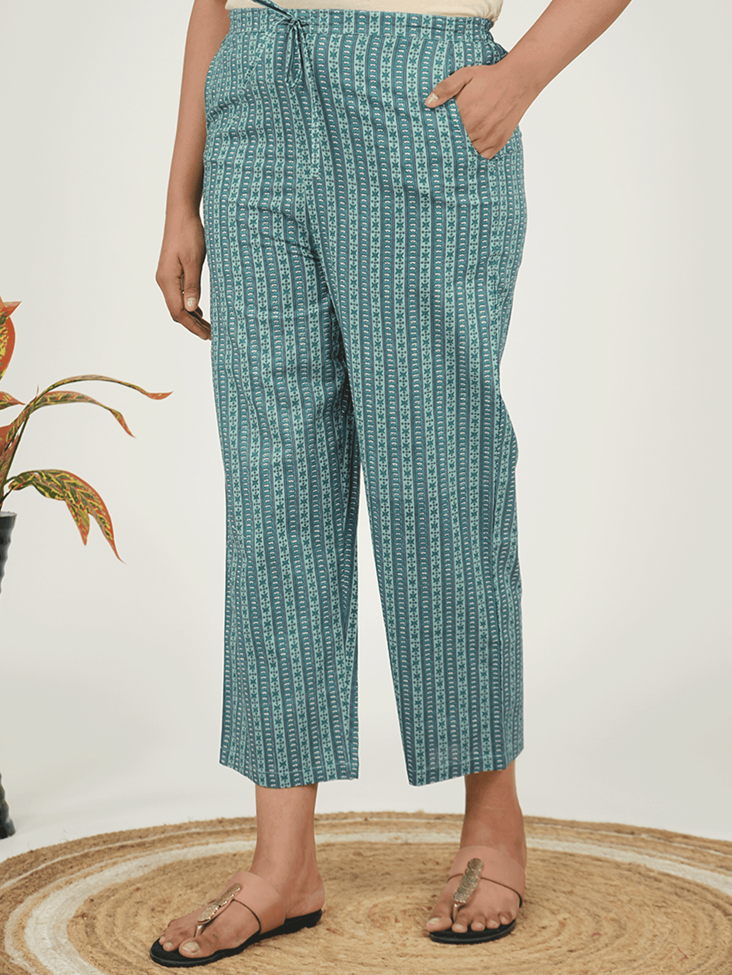Soft Cotton Striped Green Straight Trousers