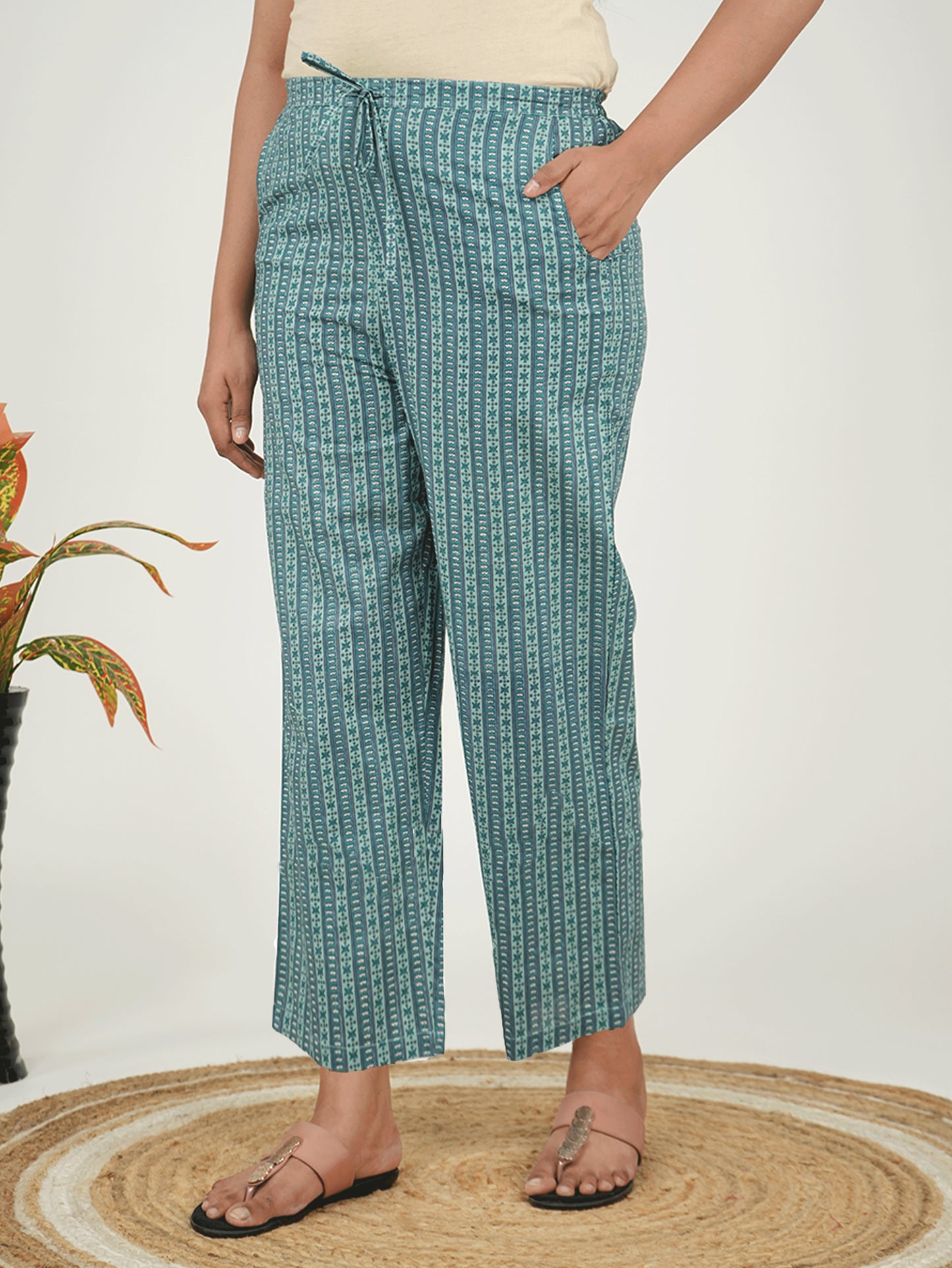 Soft Cotton Striped Green Straight Trousers