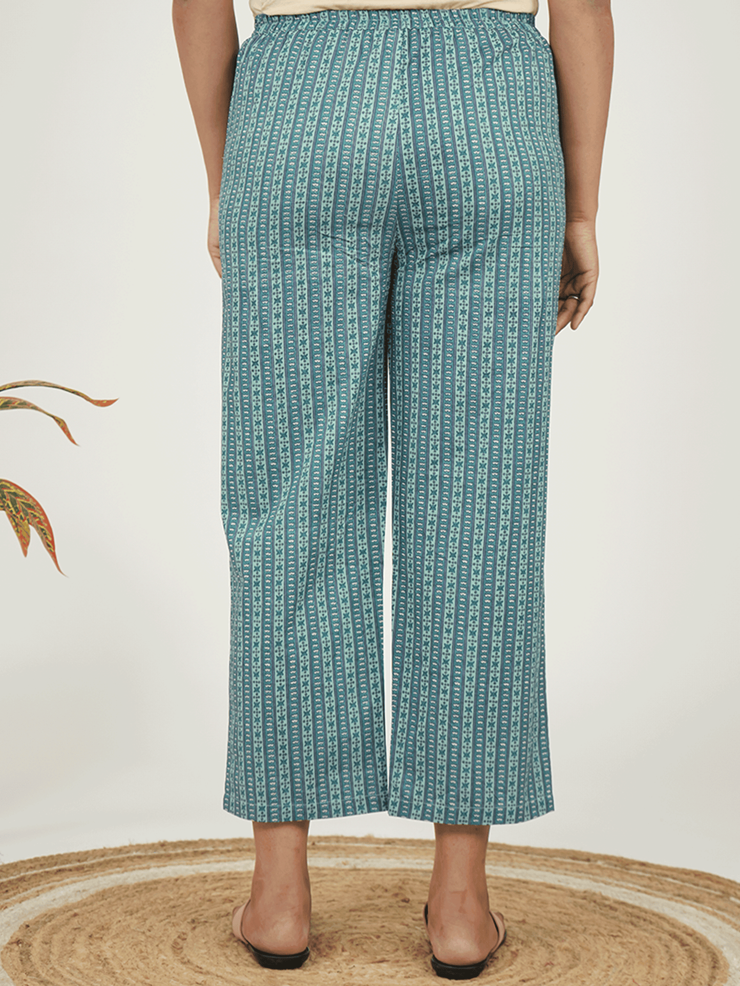 Soft Cotton Striped Green Straight Trousers