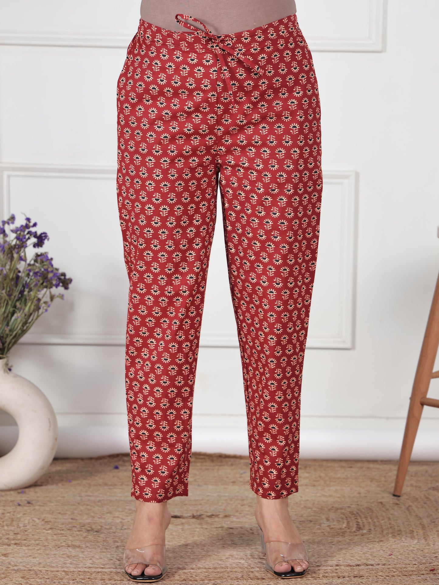 Soft Cotton Ajrakh Red Tapered Trousers