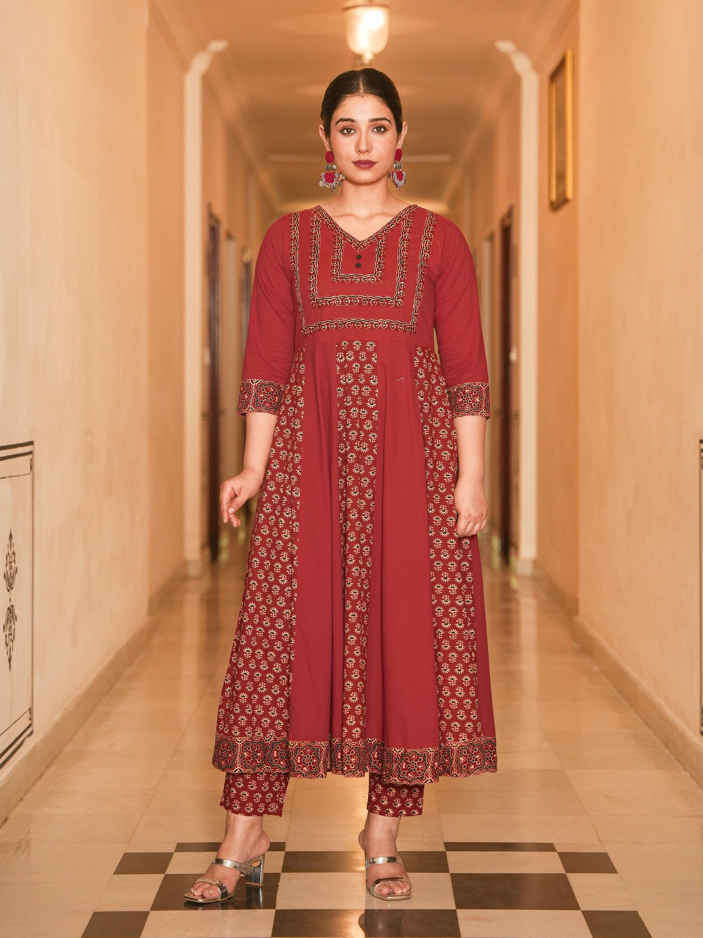 Soft Cotton Ajrakh Angrakha Red Kurta