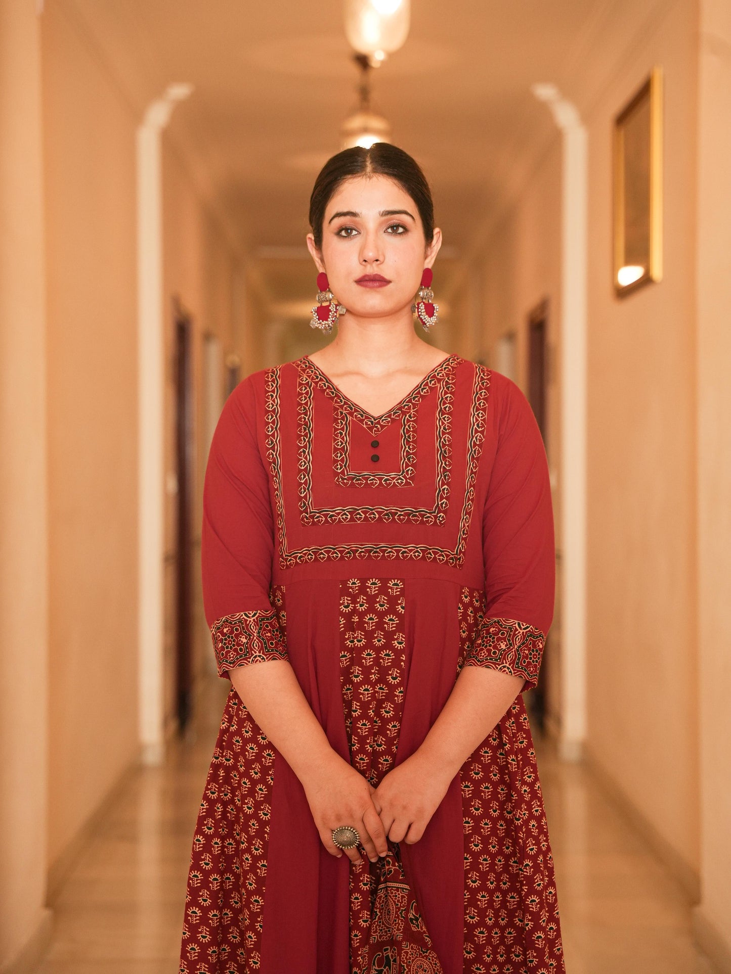 Soft Cotton Ajrakh Angrakha Red Kurta