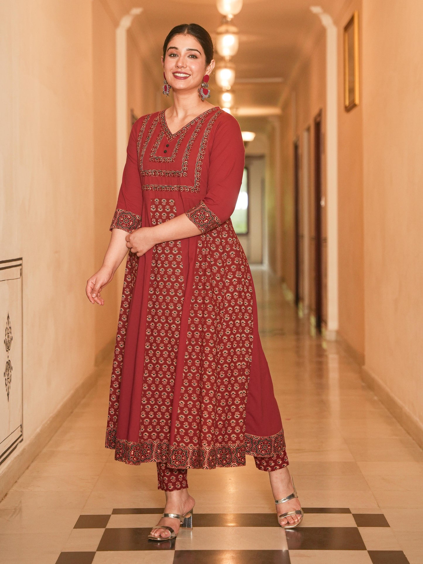 Soft Cotton Ajrakh Angrakha Red Kurta