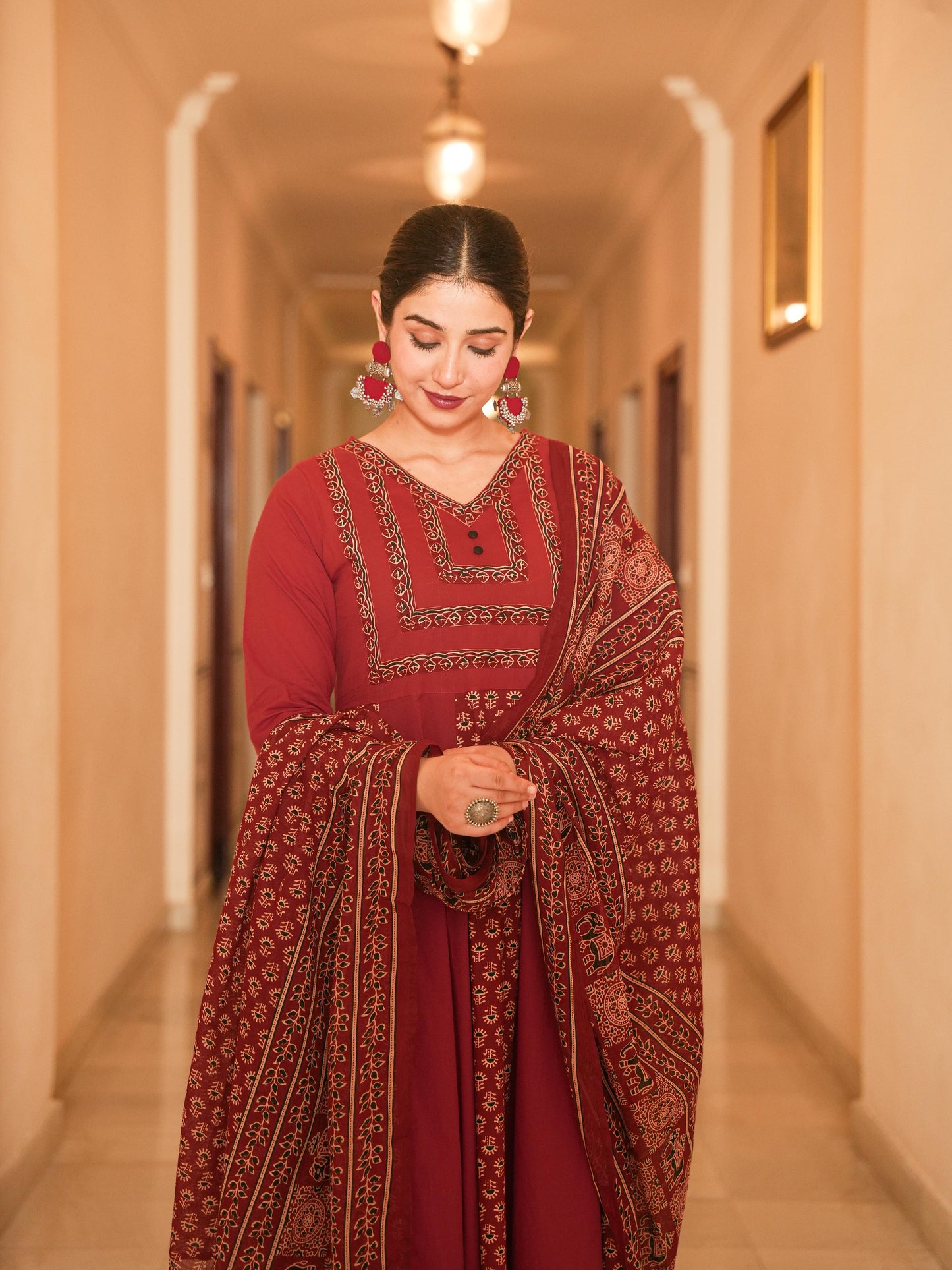 Soft Cotton Ajrakh Angrakha Red Kurta