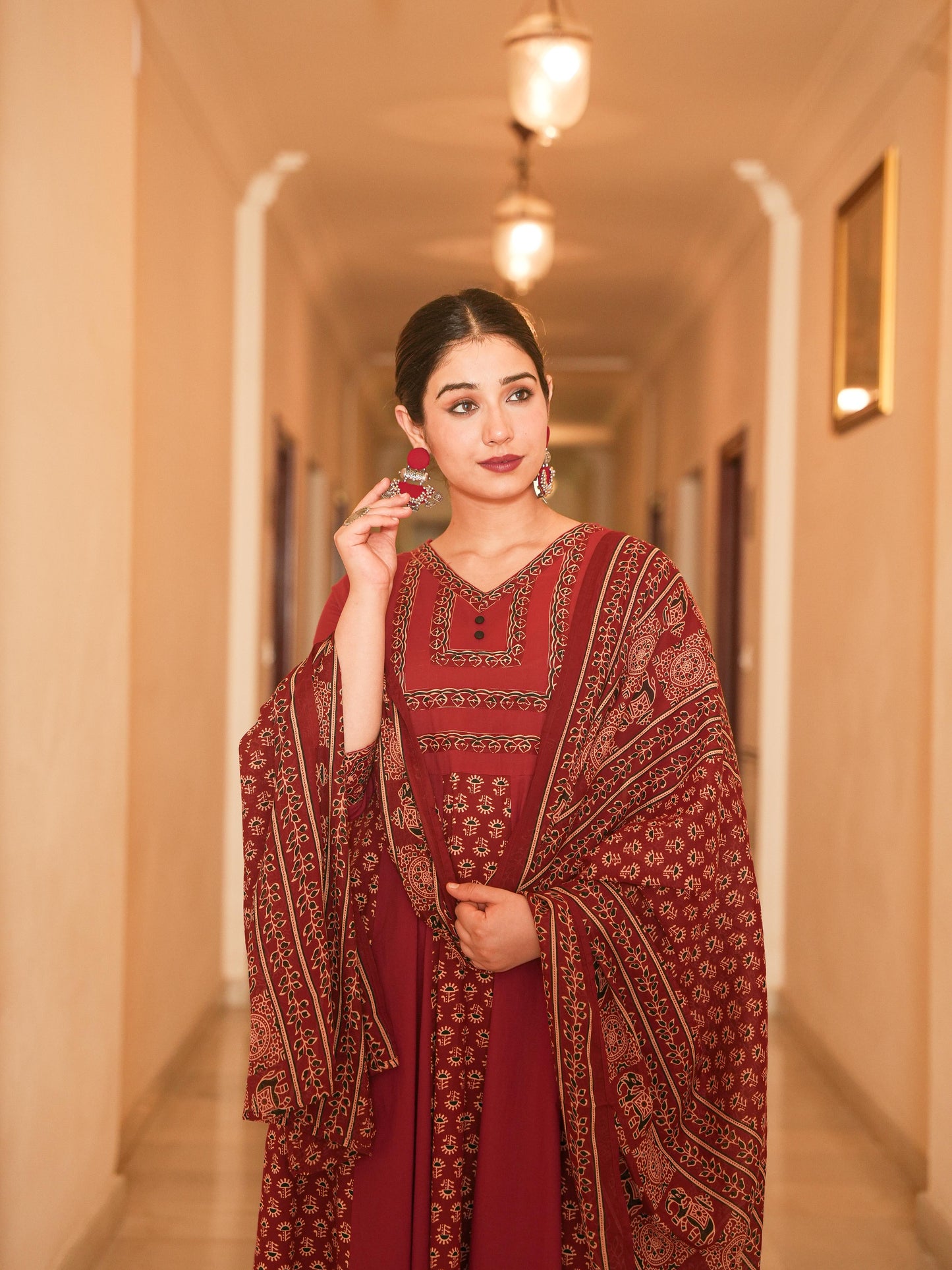 Soft Cotton Ajrakh Angrakha Red Kurta