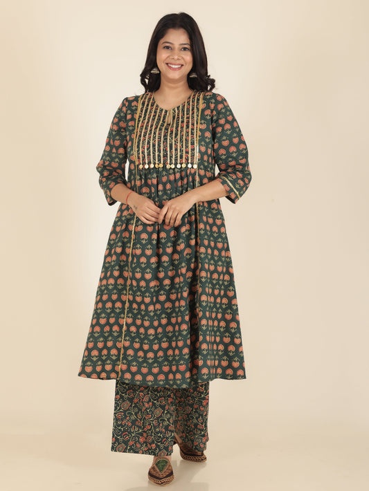 Soft Cotton Block Panelled Green Kurta
