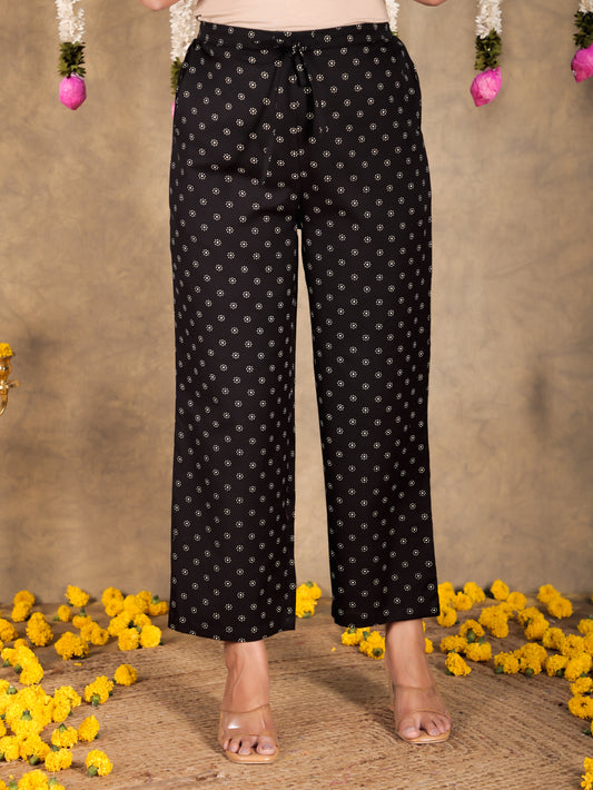 Linen Cotton Floral Black Straight Trousers