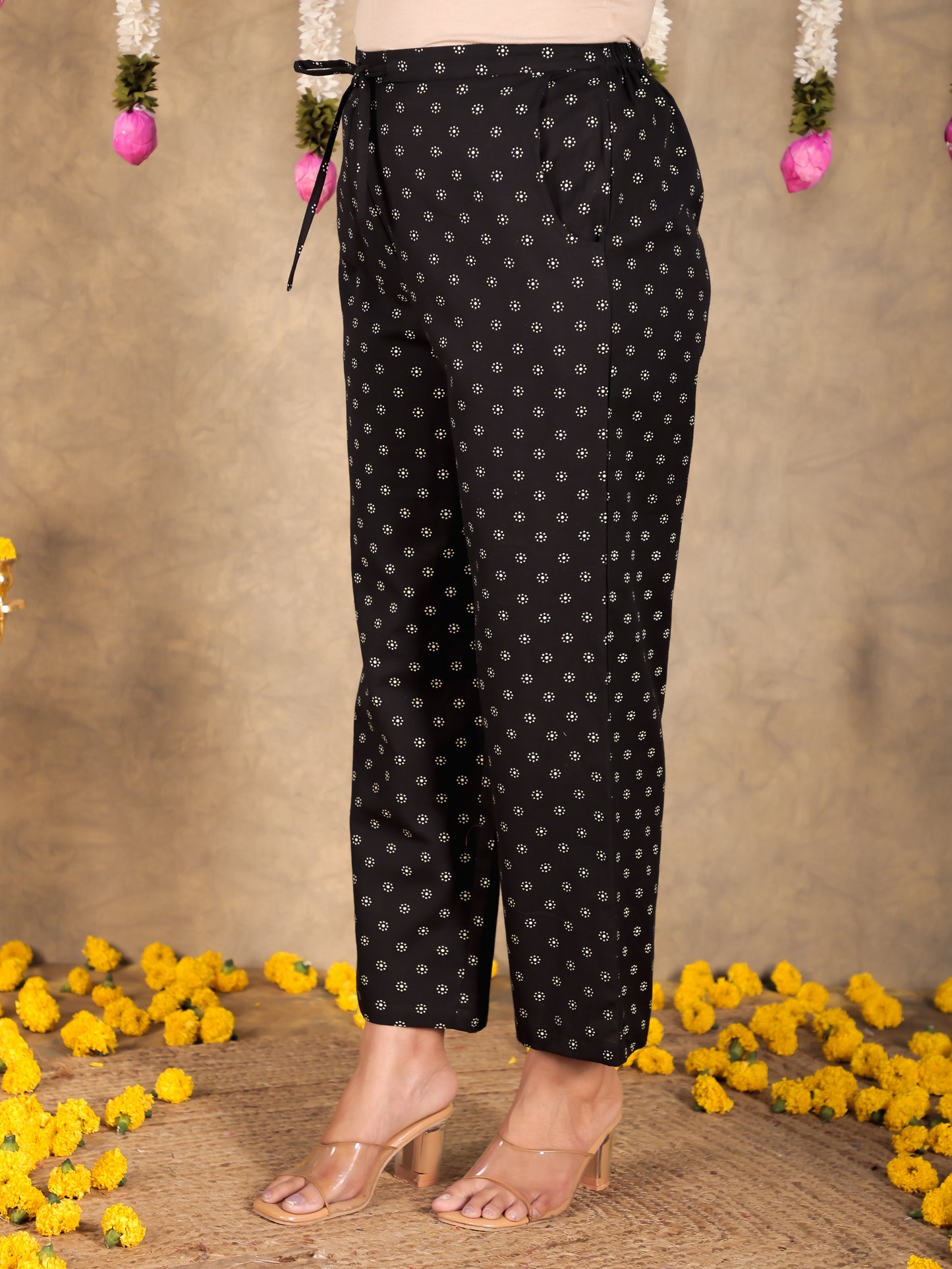 Linen Cotton Floral Black Straight Trousers