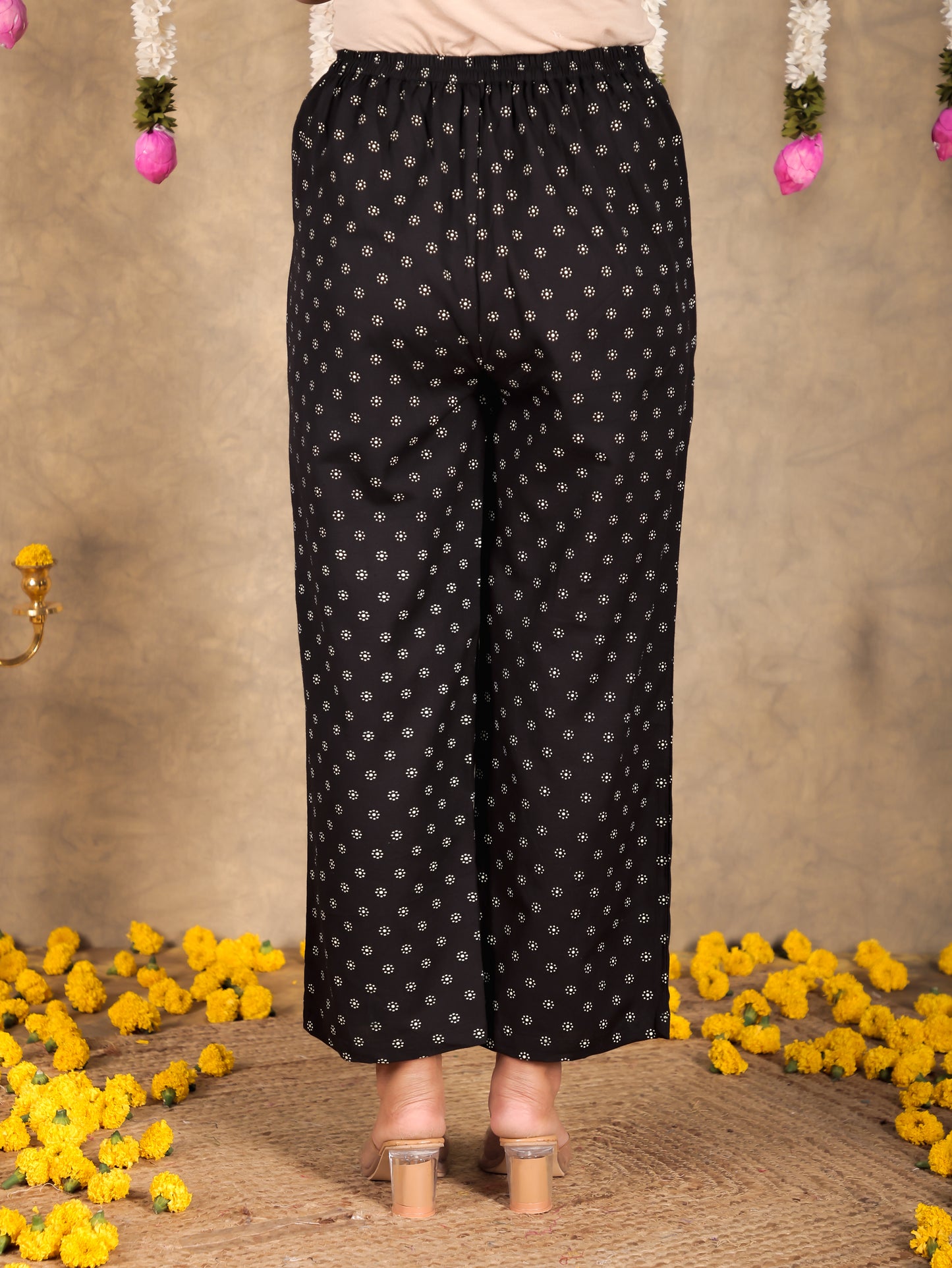 Linen Cotton Floral Black Straight Trousers