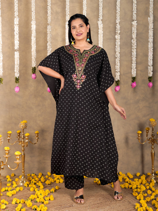Embroidered Linen Cotton Floral Kaftan Black Kurta