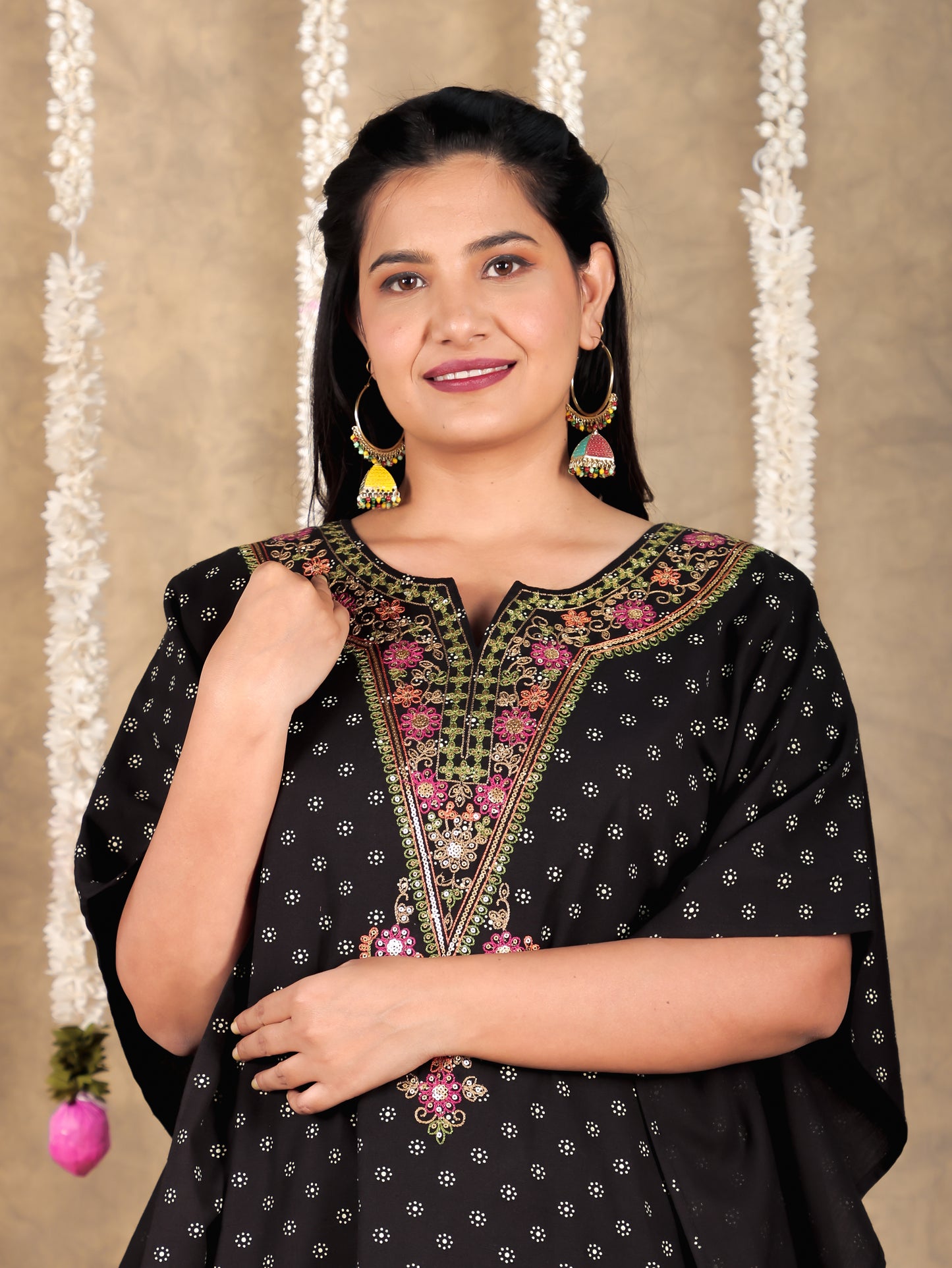 Embroidered Linen Cotton Floral Kaftan Black Kurta