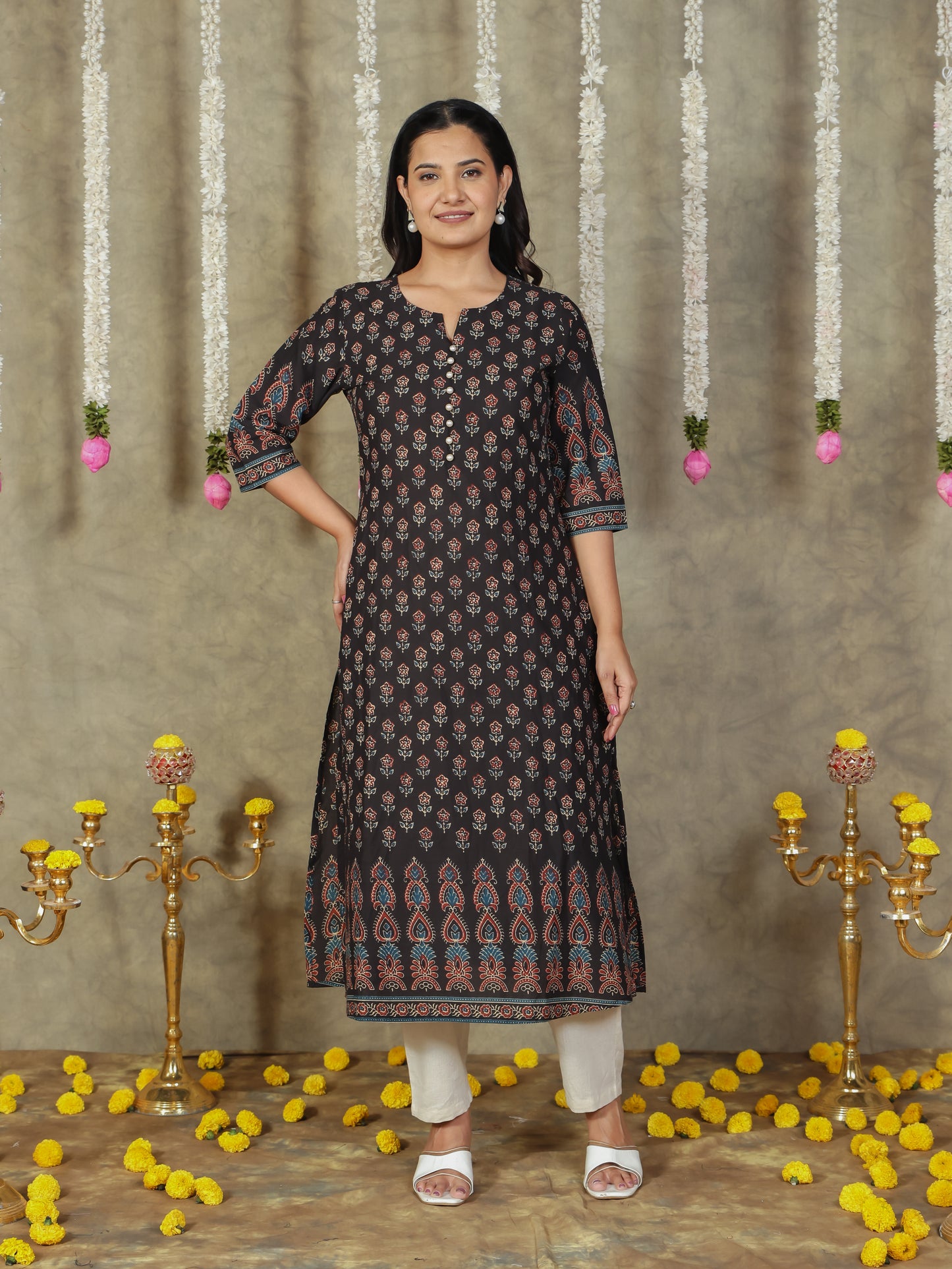 Soft Cotton Butti A-line Black Kurta