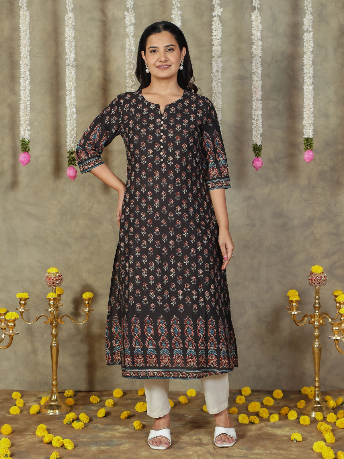 Soft Cotton Butti A-line Black Kurta