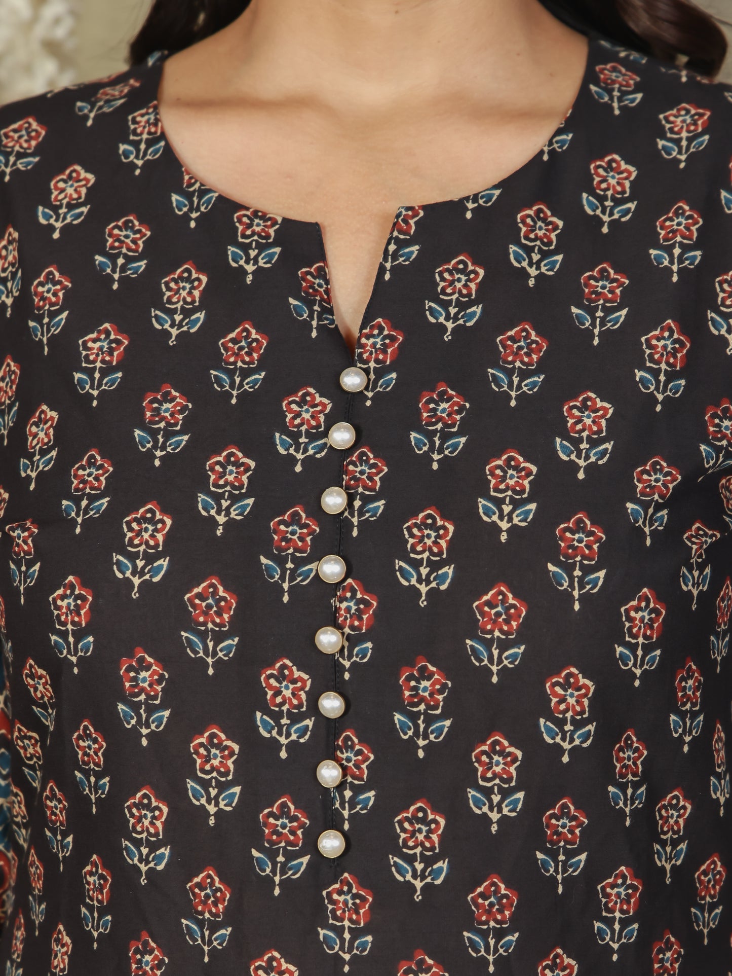 Soft Cotton Butti A-line Black Kurta