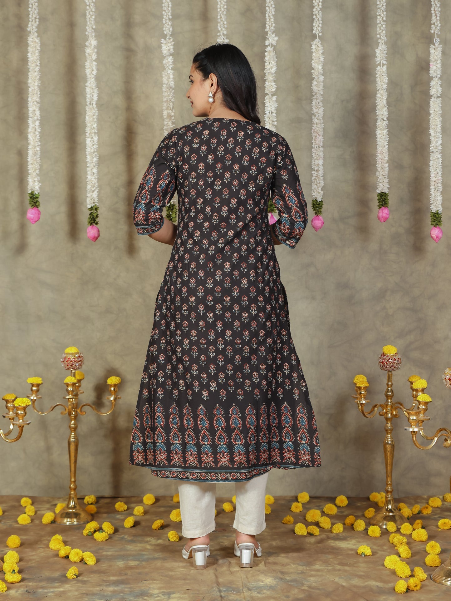 Soft Cotton Butti A-line Black Kurta