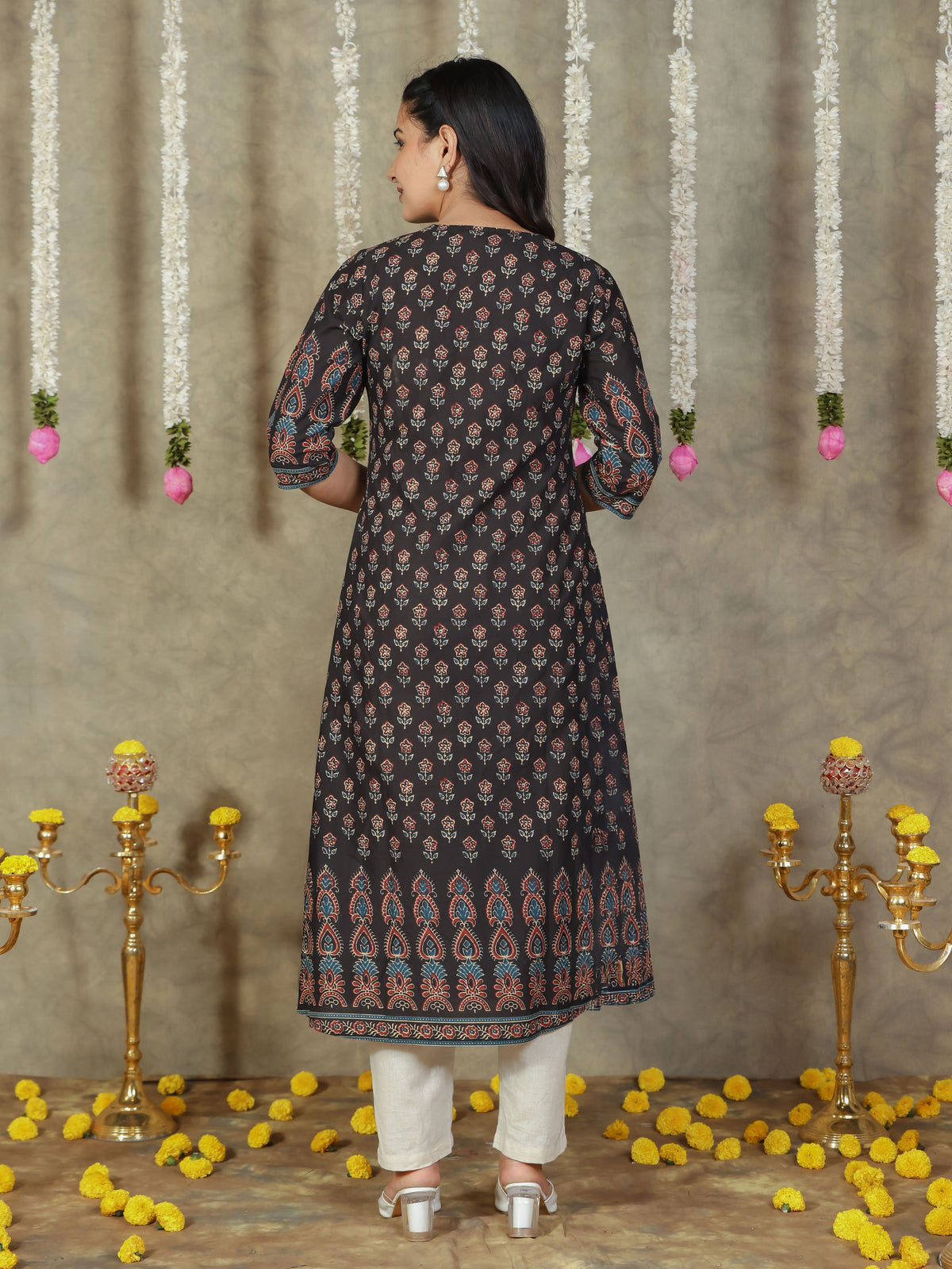 Soft Cotton Butti A-line Black Kurta