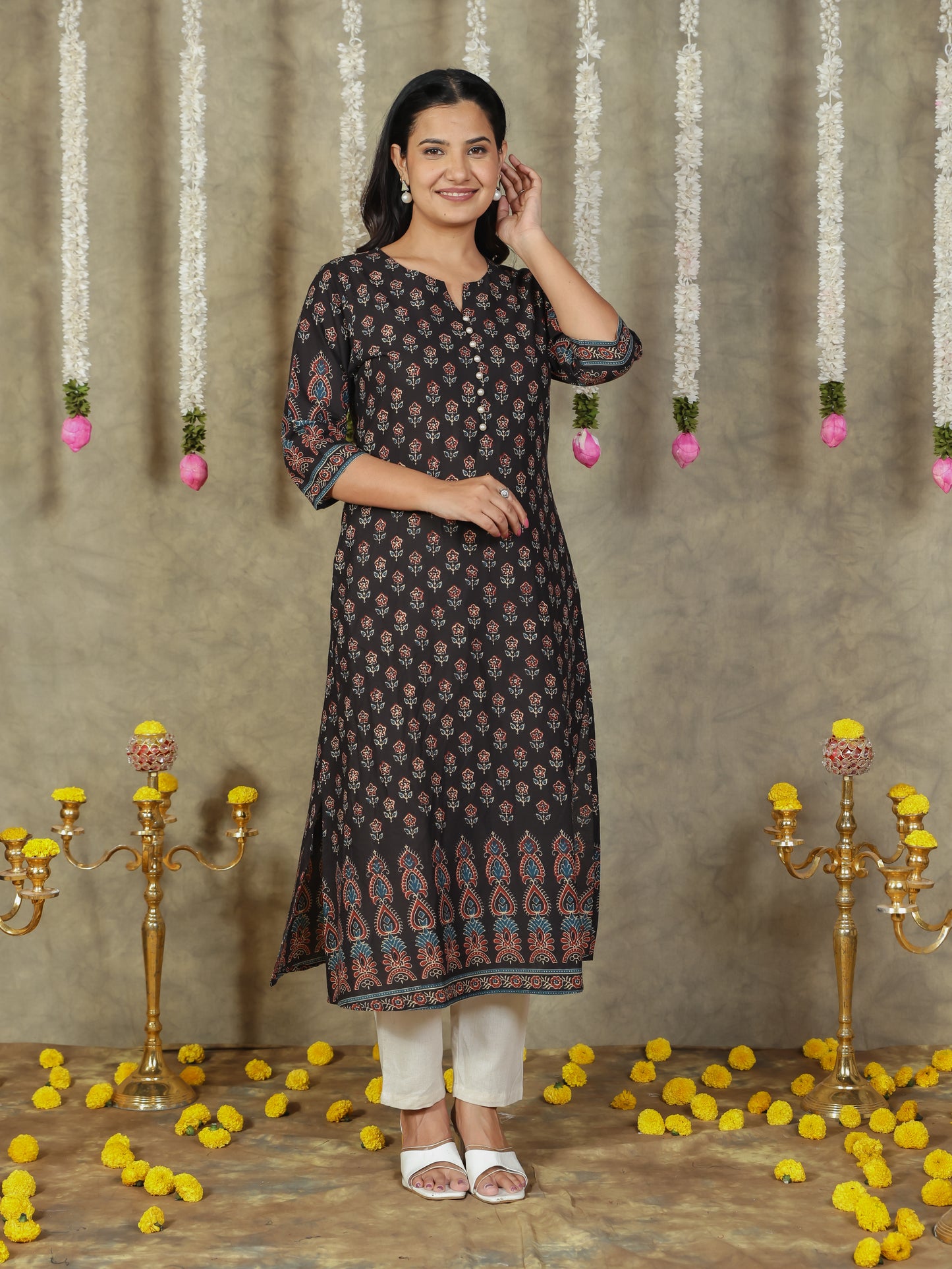 Soft Cotton Butti A-line Black Kurta
