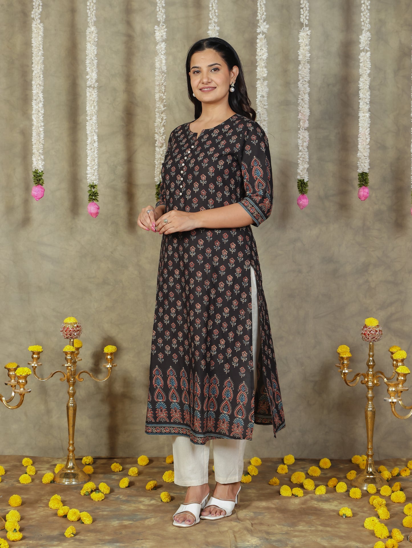 Soft Cotton Butti A-line Black Kurta