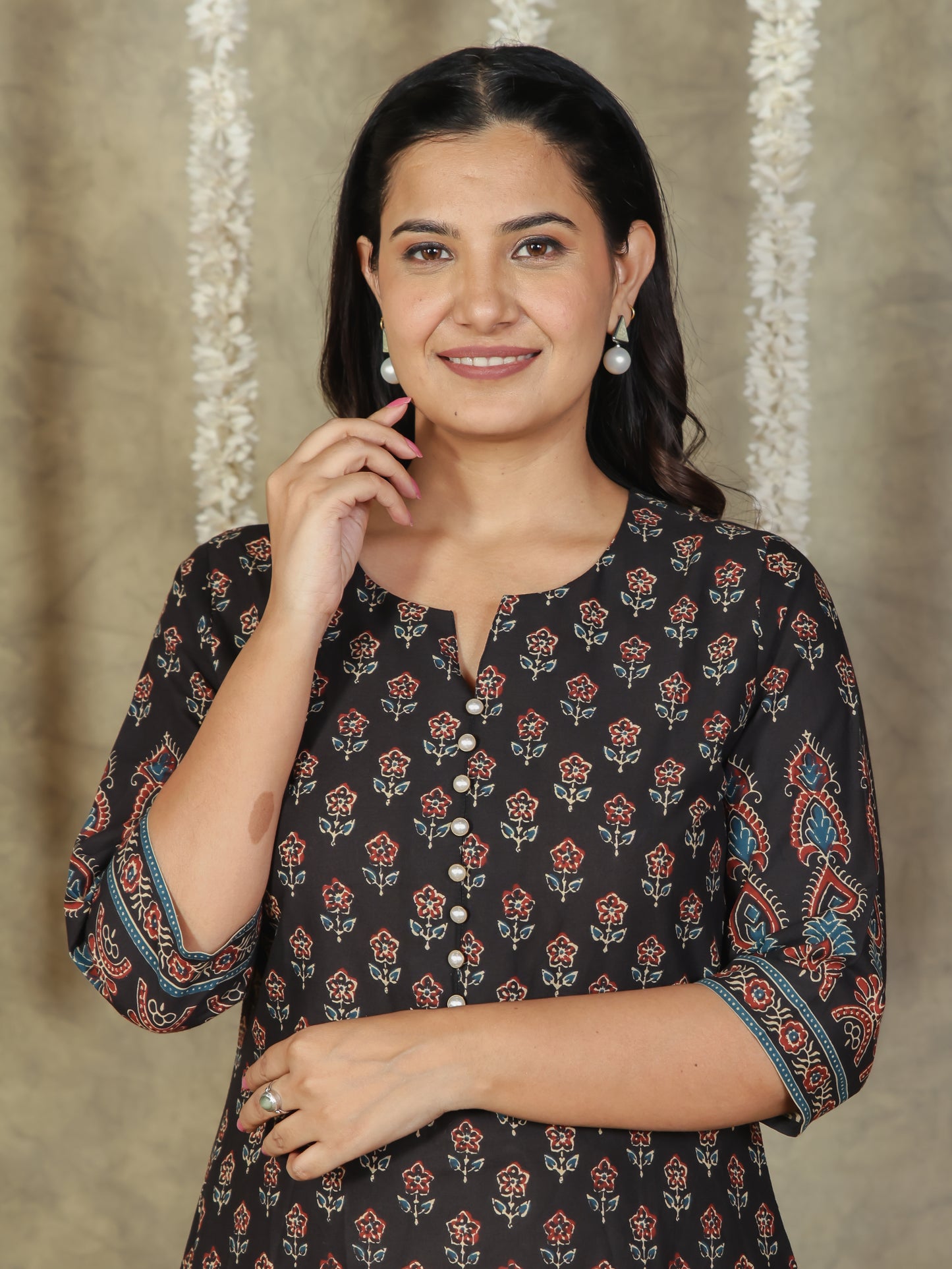 Soft Cotton Butti A-line Black Kurta