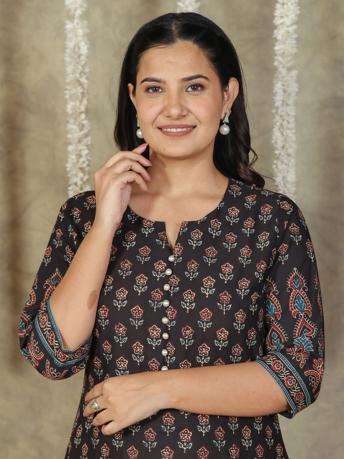Soft Cotton Butti A-line Black Kurta