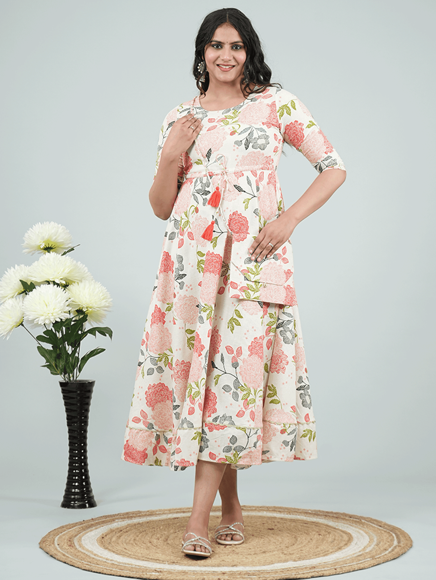 Linen Cotton Floral Anarkali Beige Dress