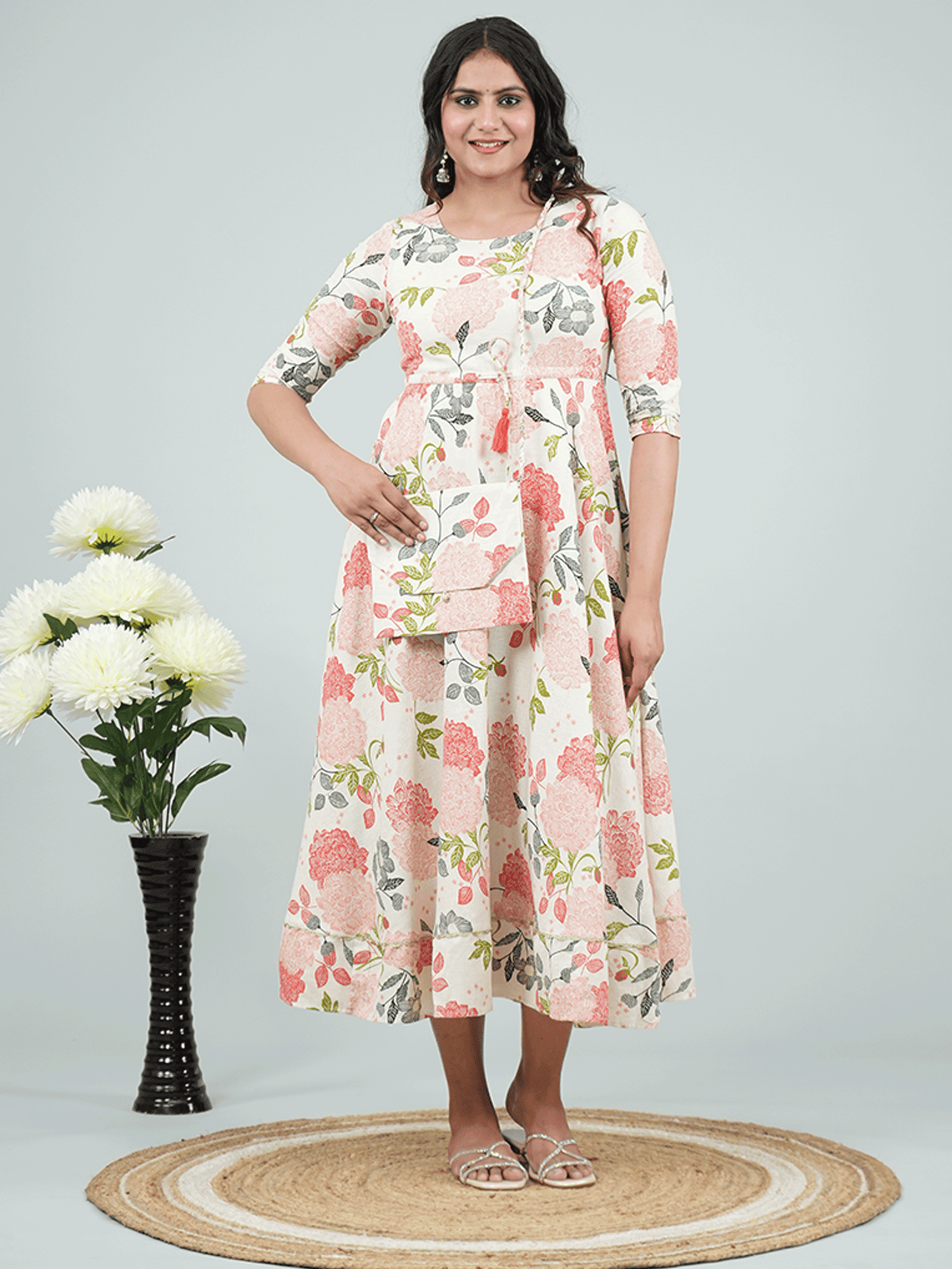 Linen Cotton Floral Anarkali Beige Dress