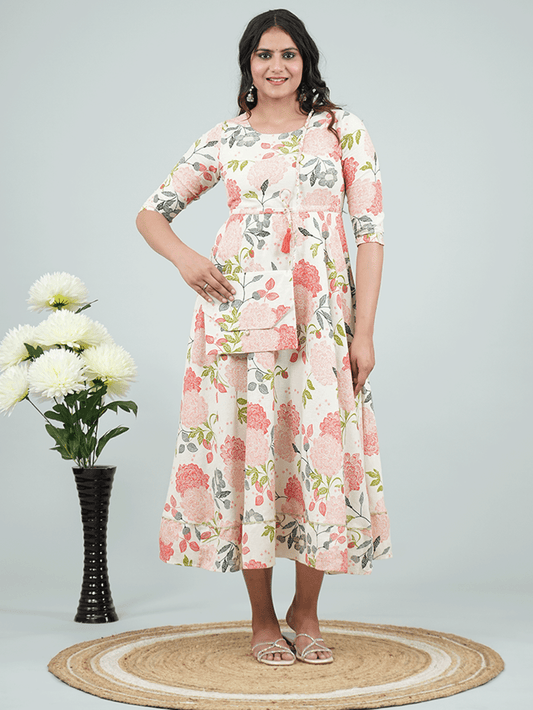 Linen Cotton Floral Anarkali Beige Dress
